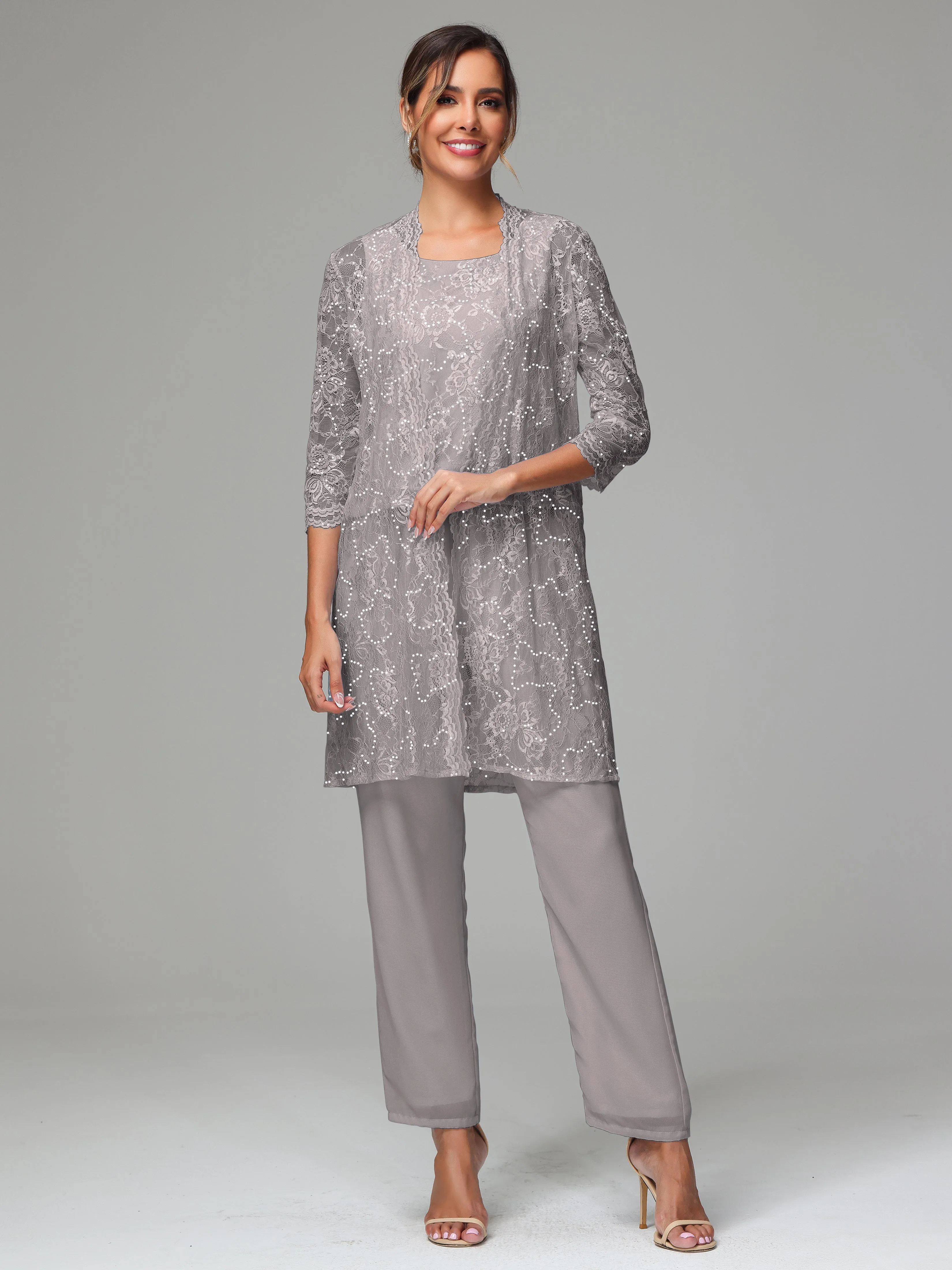 Chic Chiffon Lace 3 Pieces Long Sleeves Mother Of The Bride Dress Pants Suits