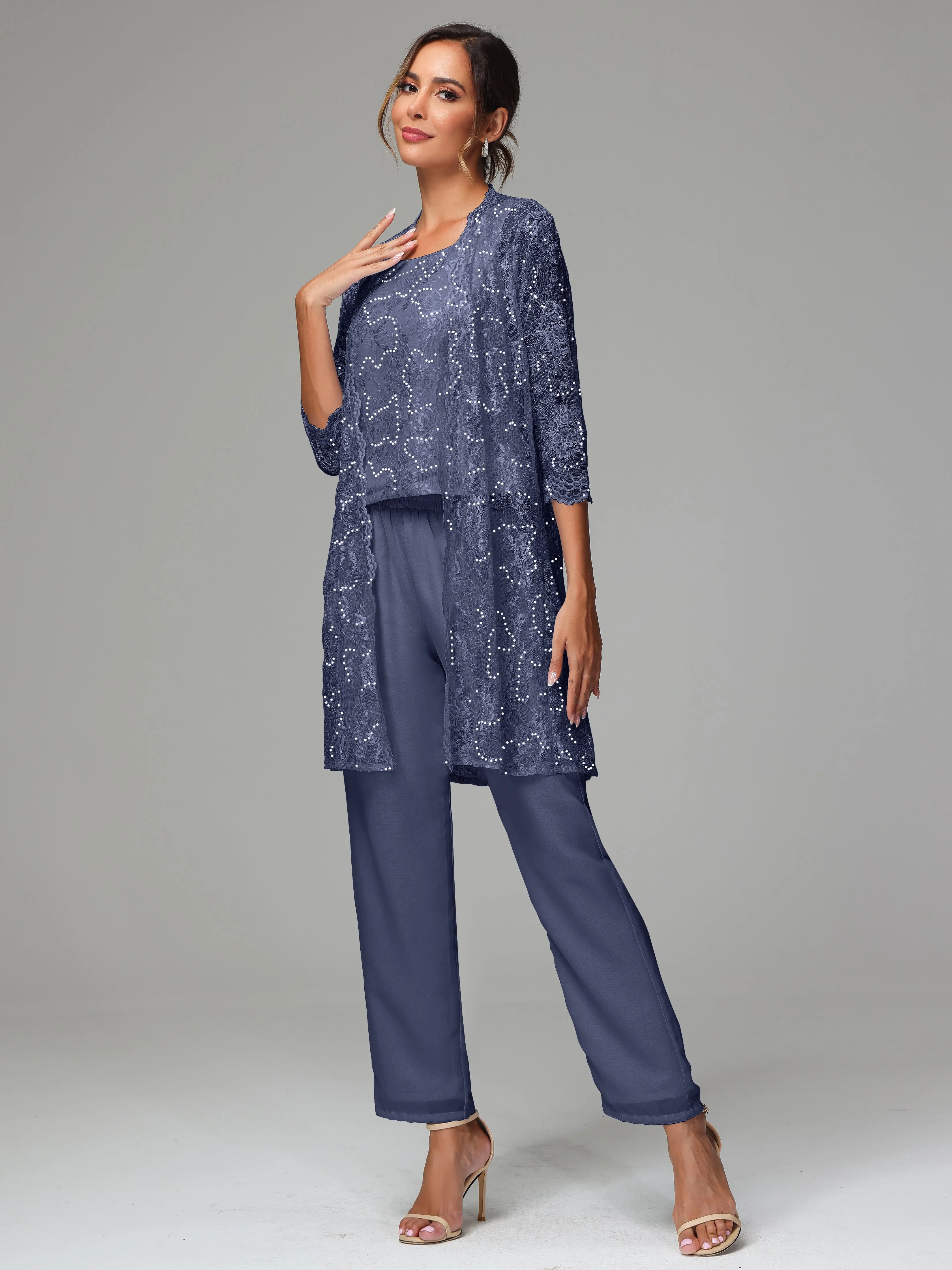 Chic Chiffon Lace 3 Pieces Long Sleeves Mother Of The Bride Dress Pants Suits