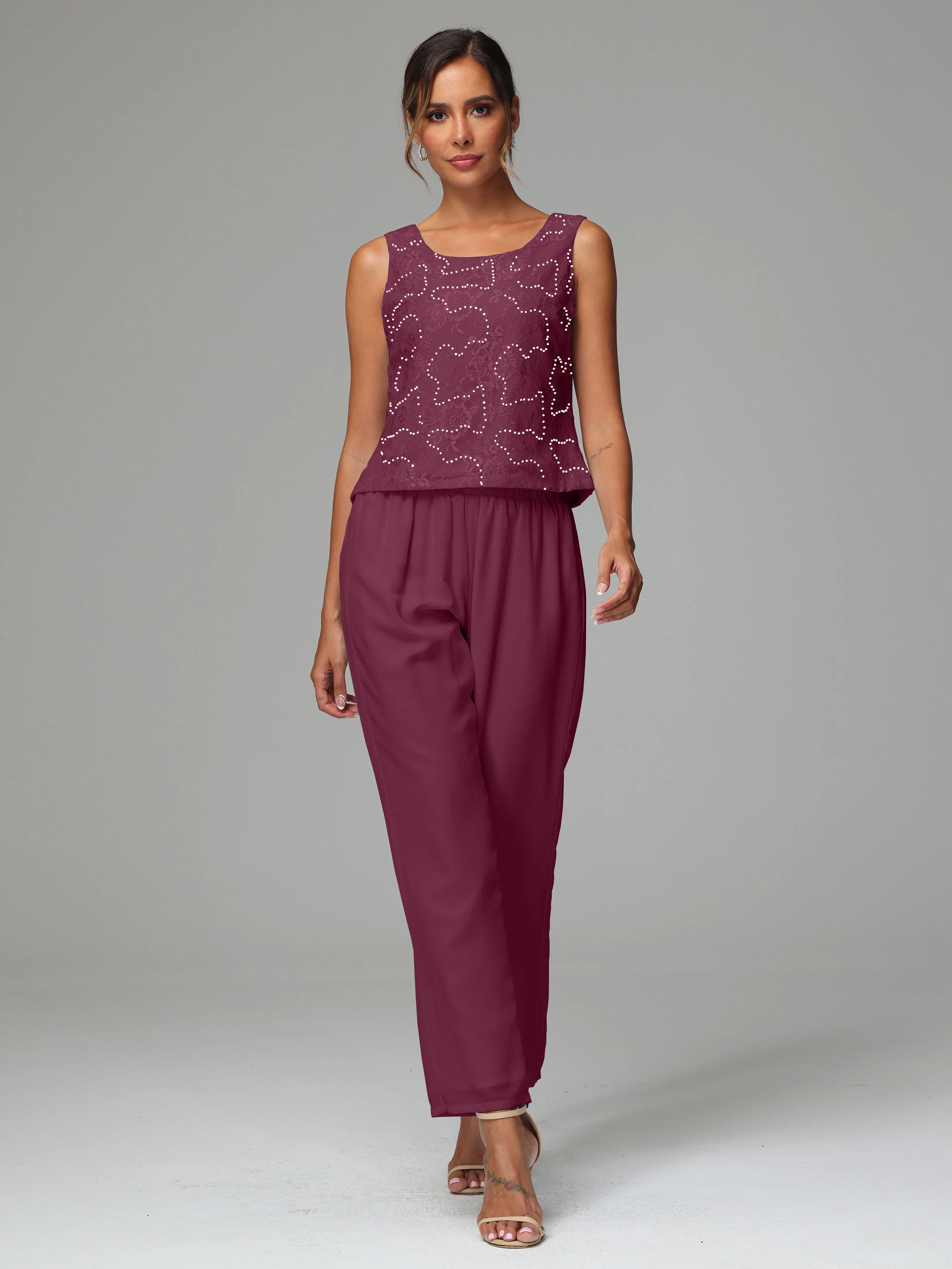 Chic Chiffon Lace 3 Pieces Long Sleeves Mother Of The Bride Dress Pants Suits