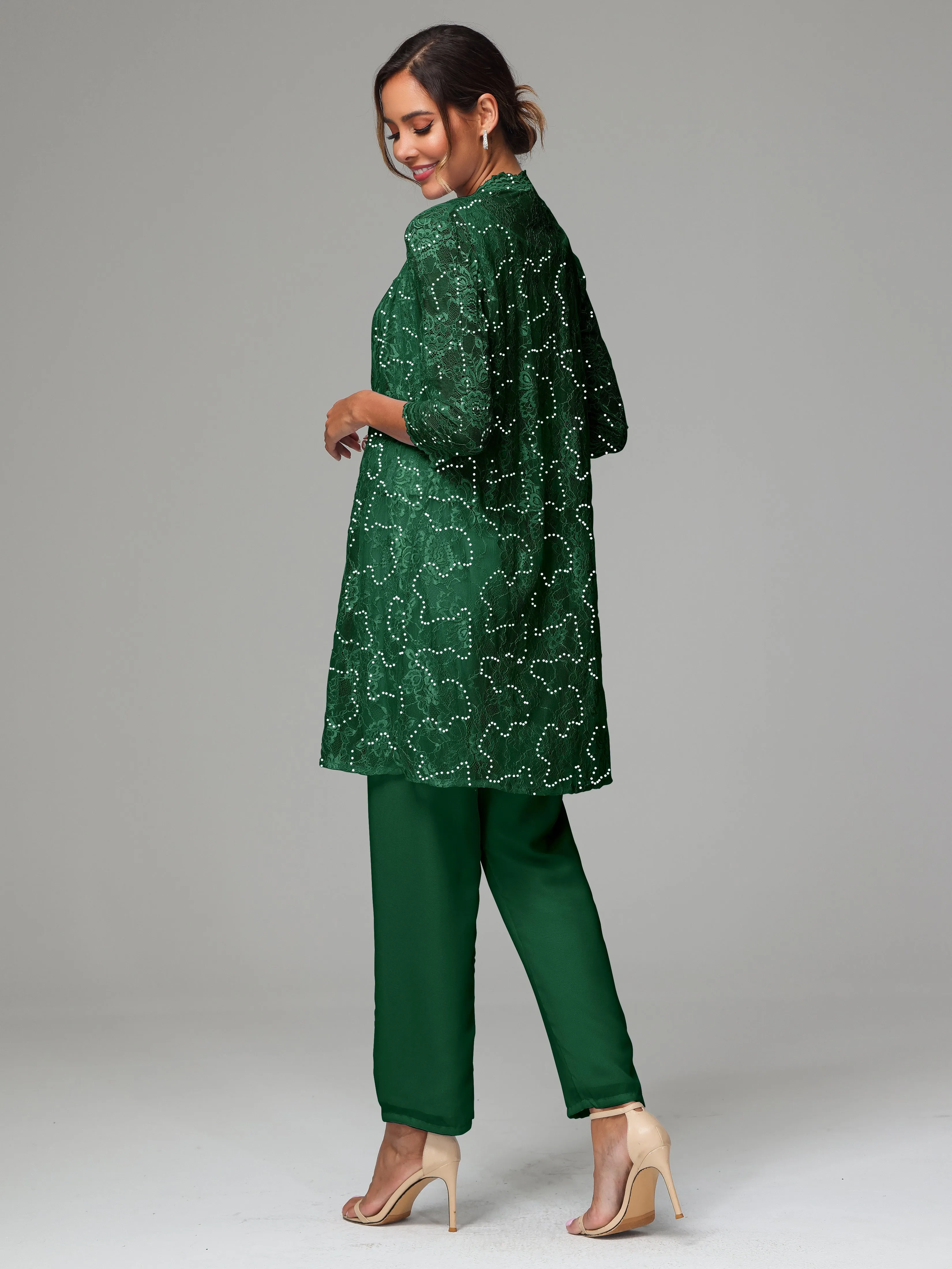 Chic Chiffon Lace 3 Pieces Long Sleeves Mother Of The Bride Dress Pants Suits