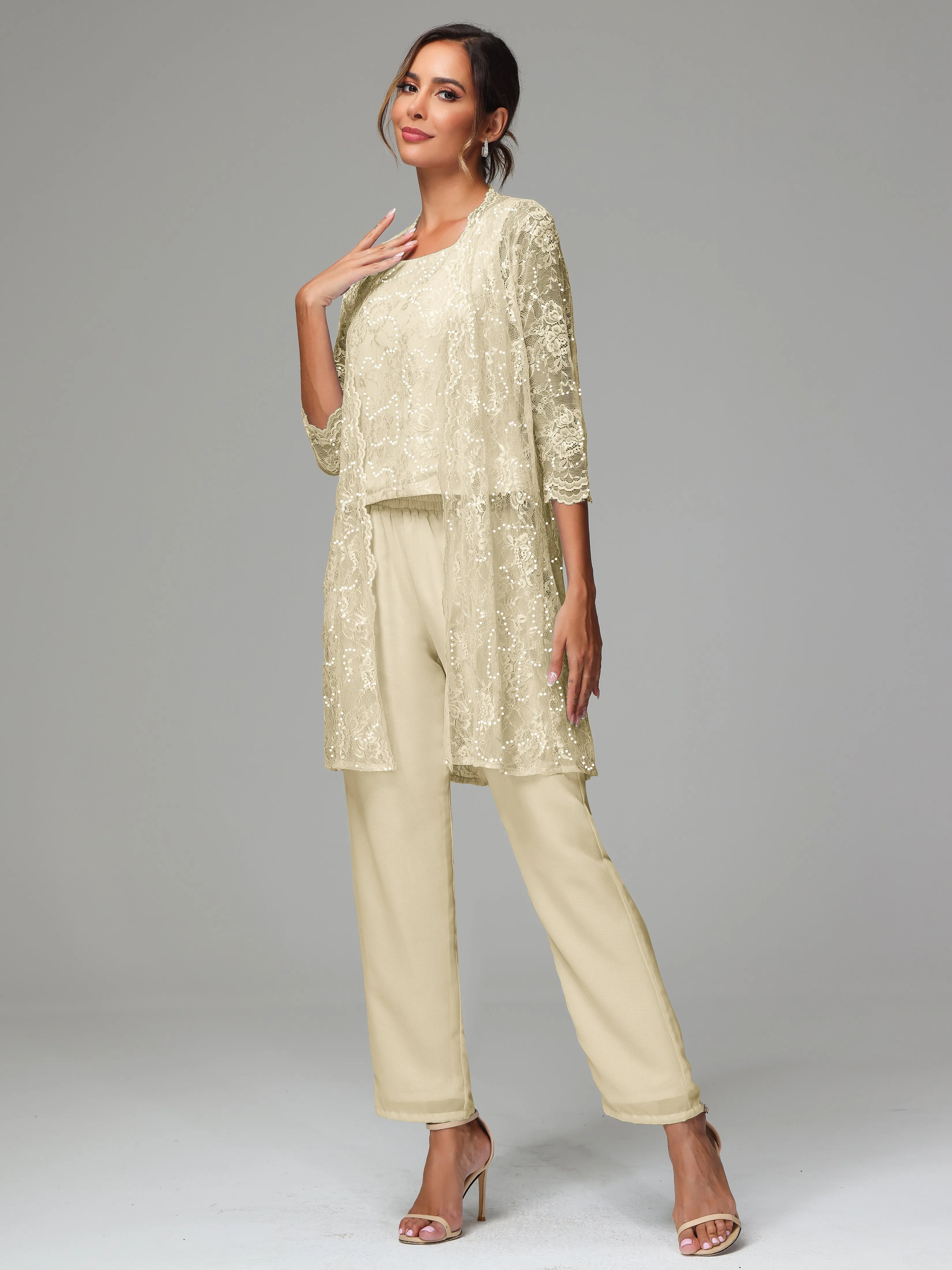 Chic Chiffon Lace 3 Pieces Long Sleeves Mother Of The Bride Dress Pants Suits