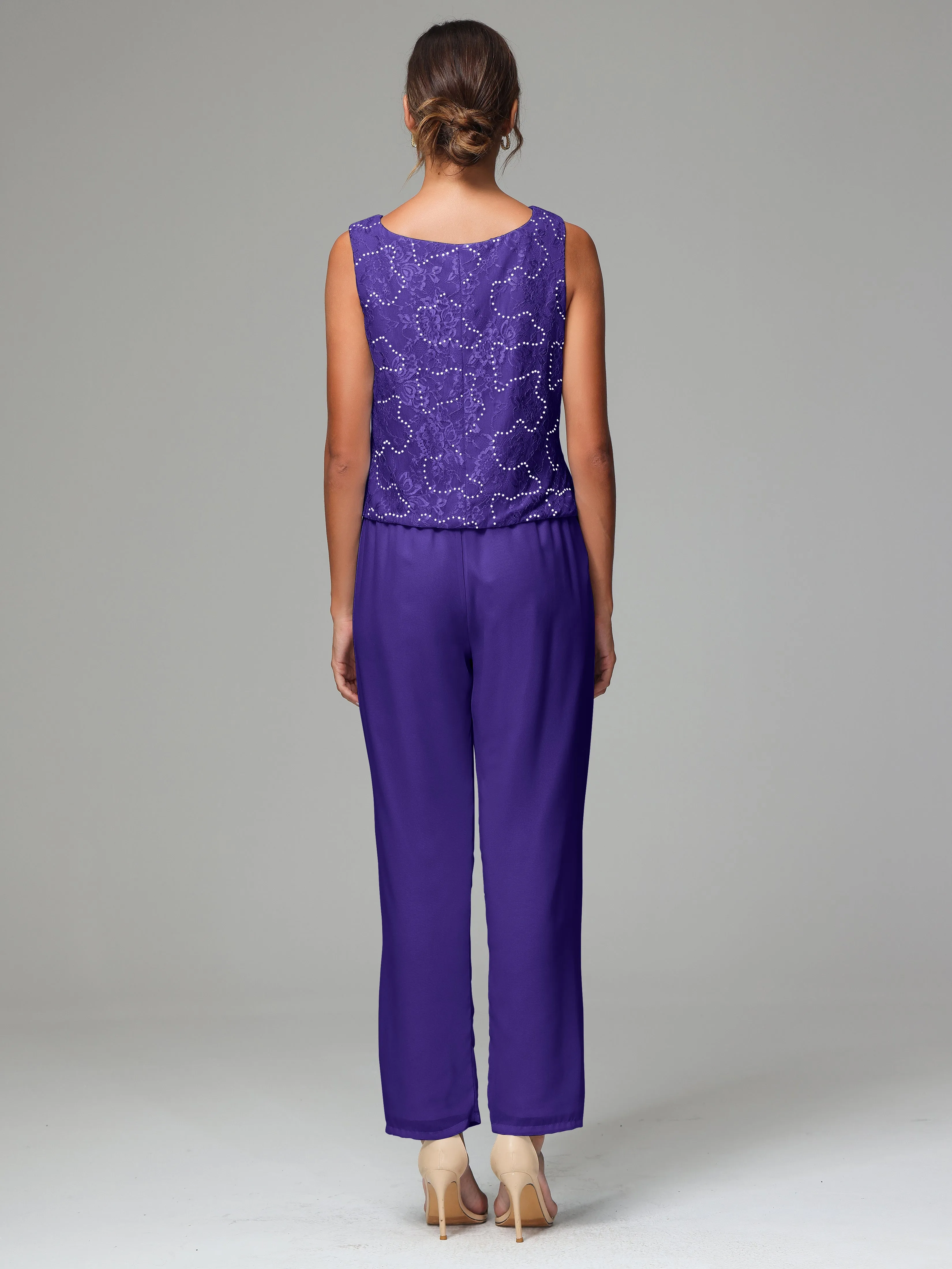 Chic Chiffon Lace 3 Pieces Long Sleeves Mother Of The Bride Dress Pants Suits