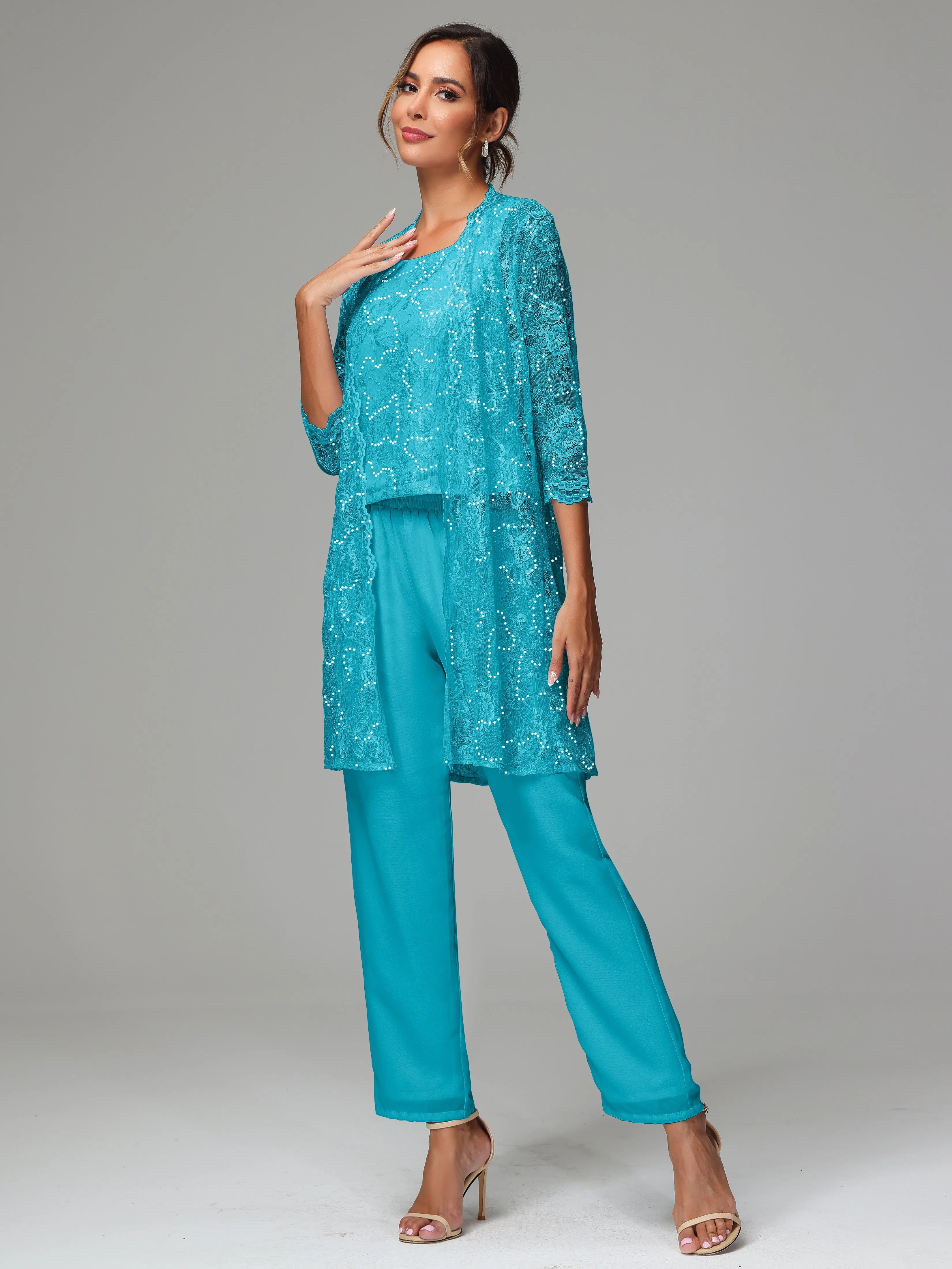 Chic Chiffon Lace 3 Pieces Long Sleeves Mother Of The Bride Dress Pants Suits