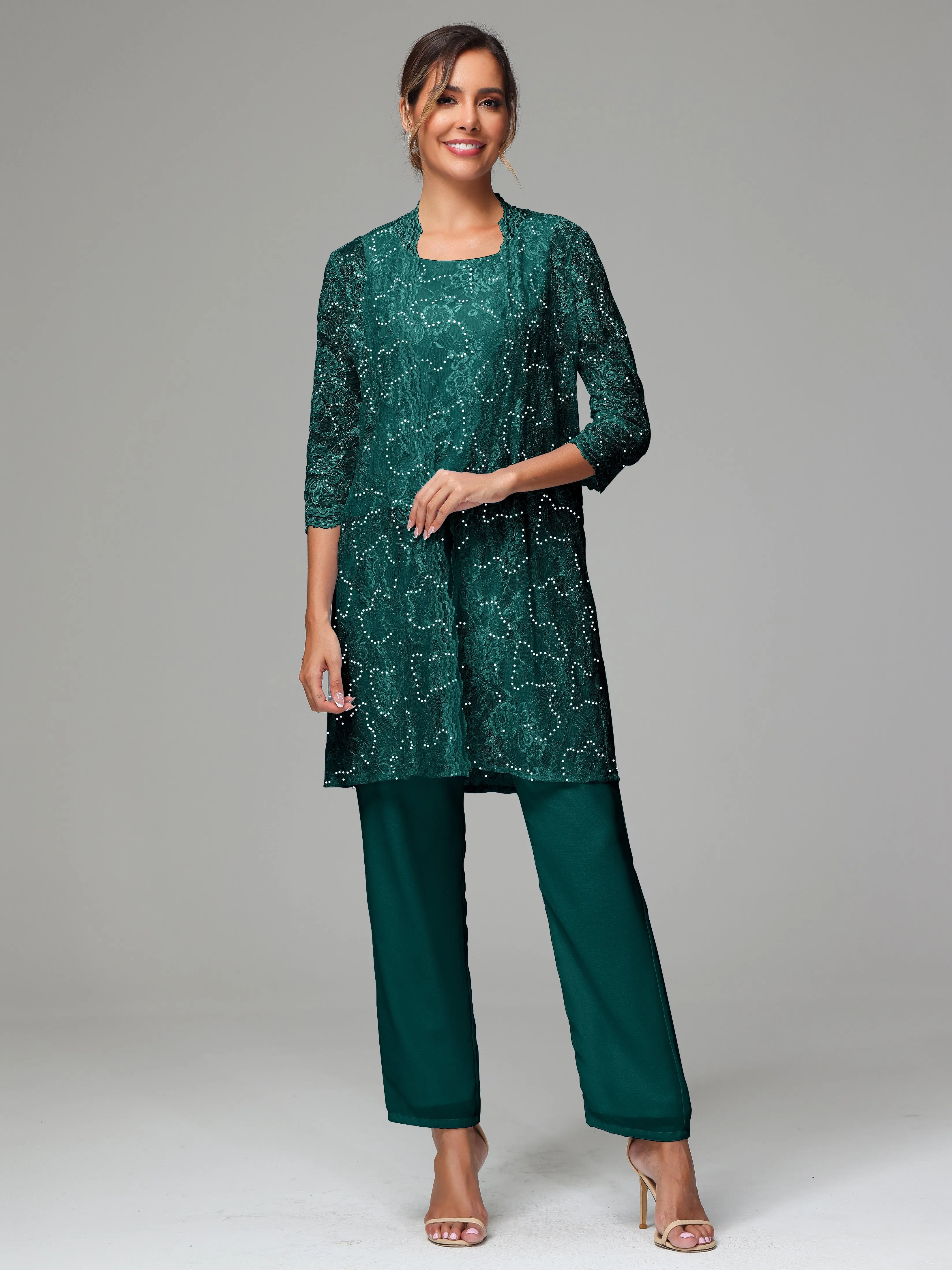 Chic Chiffon Lace 3 Pieces Long Sleeves Mother Of The Bride Dress Pants Suits