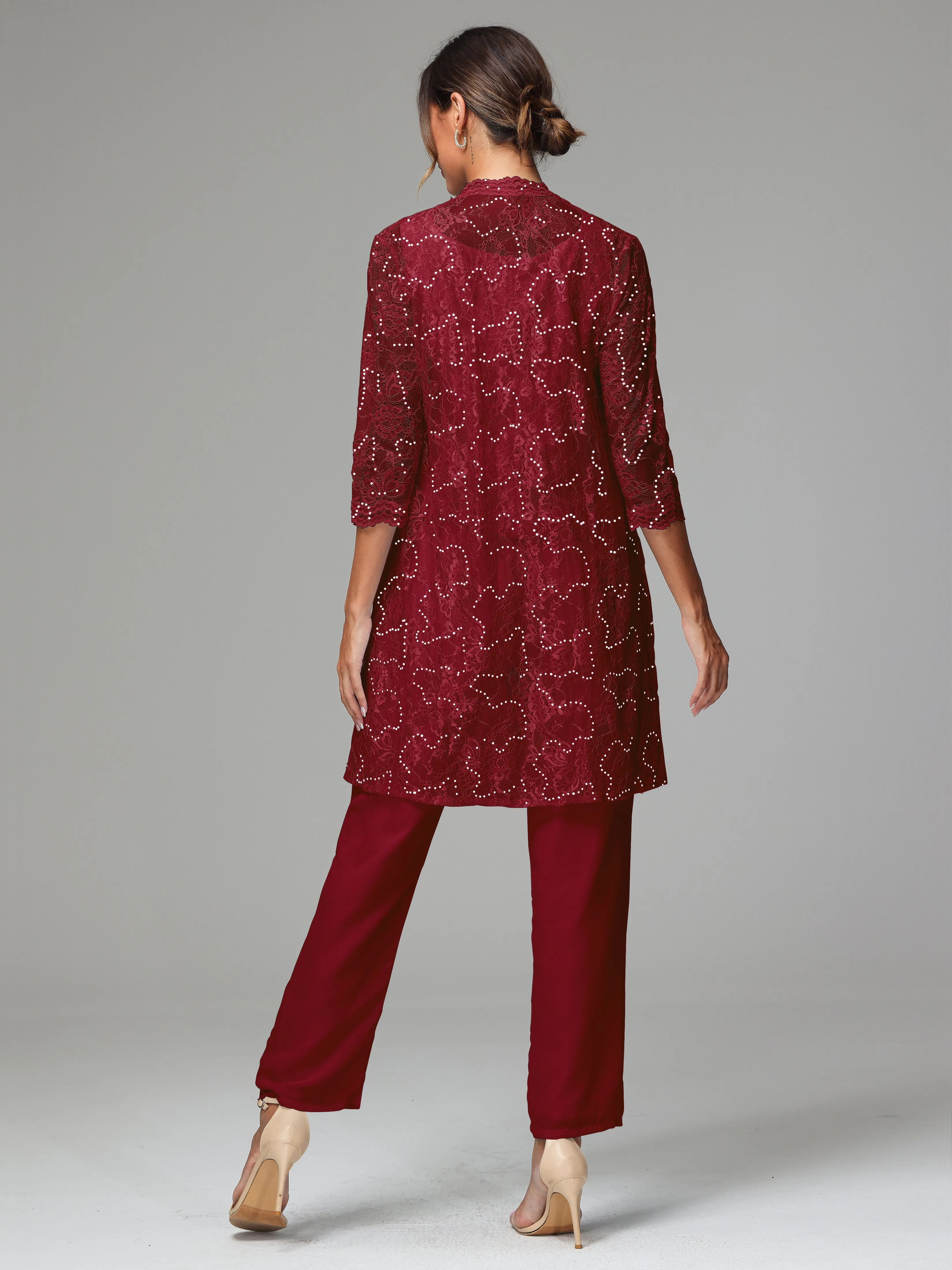 Chic Chiffon Lace 3 Pieces Long Sleeves Mother Of The Bride Dress Pants Suits