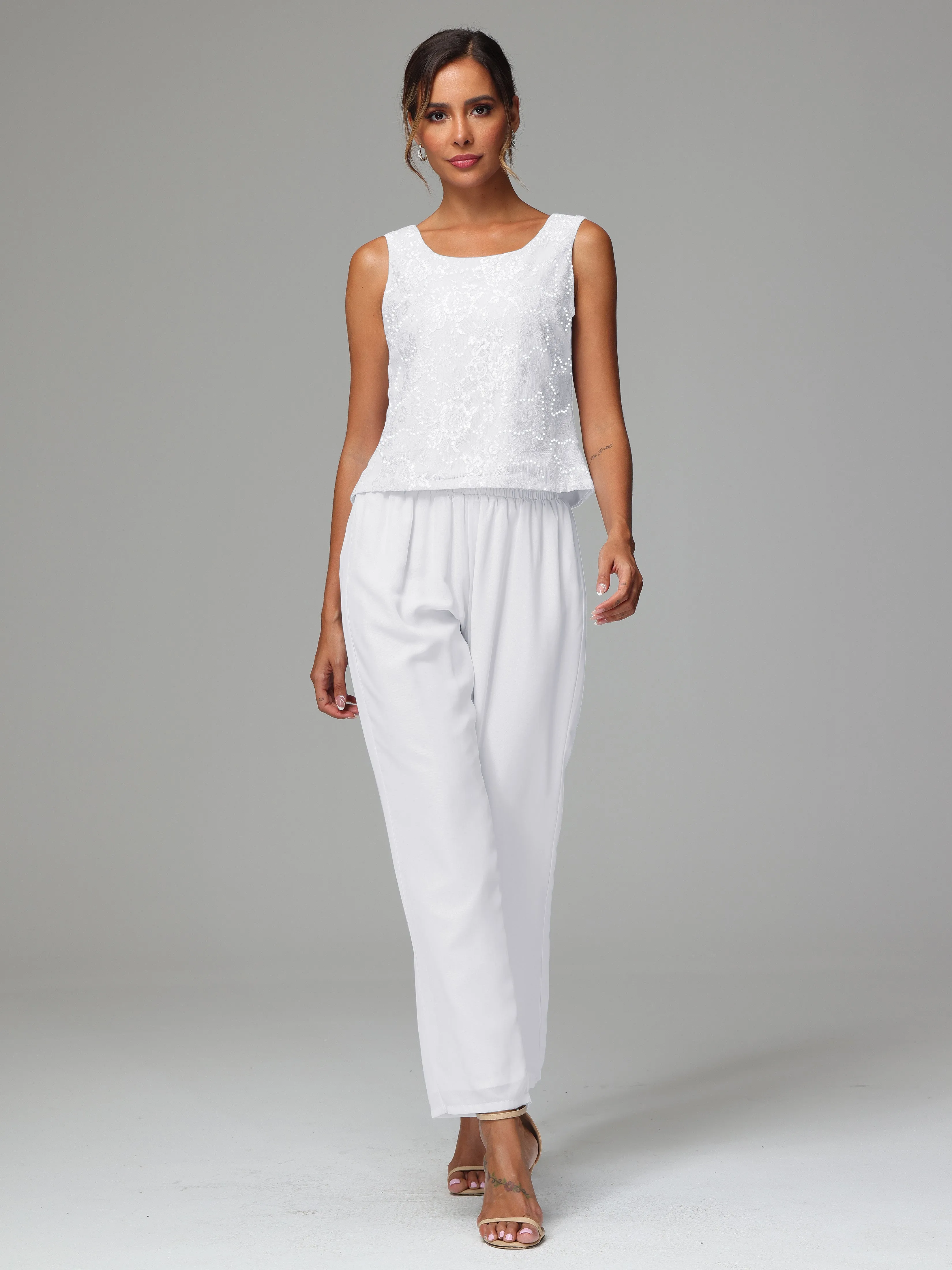 Chic Chiffon Lace 3 Pieces Long Sleeves Mother Of The Bride Dress Pants Suits