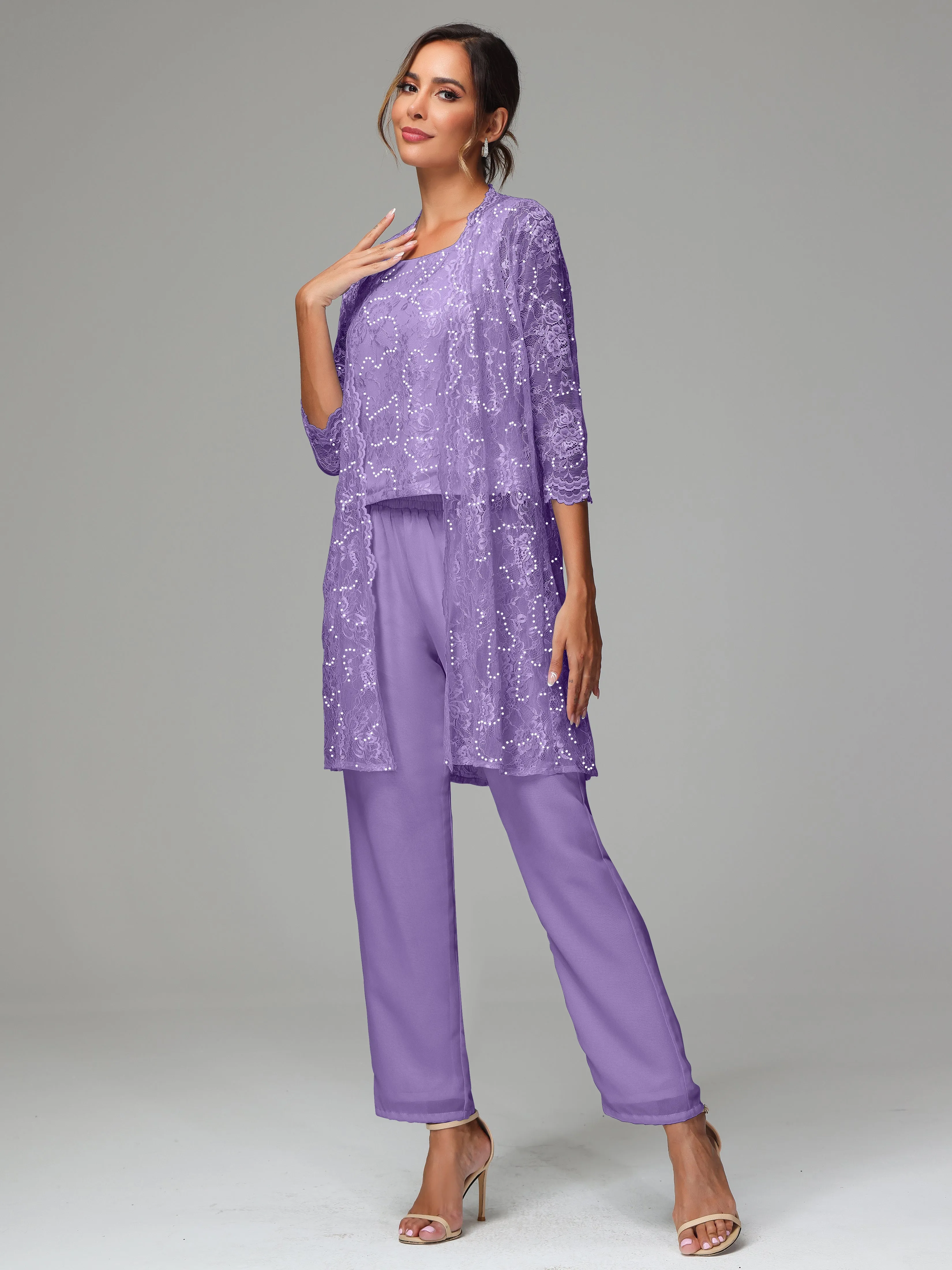 Chic Chiffon Lace 3 Pieces Long Sleeves Mother Of The Bride Dress Pants Suits