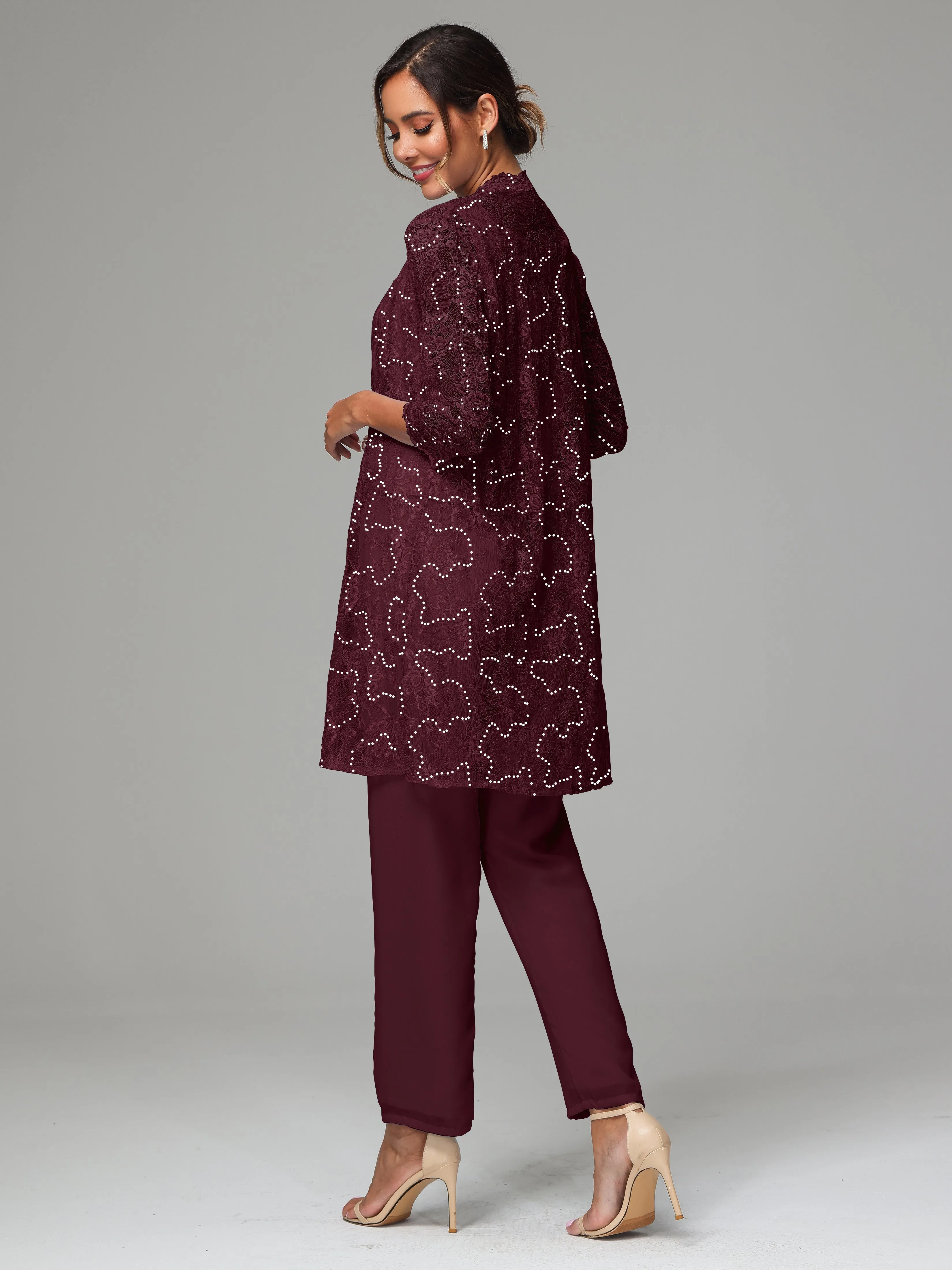 Chic Chiffon Lace 3 Pieces Long Sleeves Mother Of The Bride Dress Pants Suits