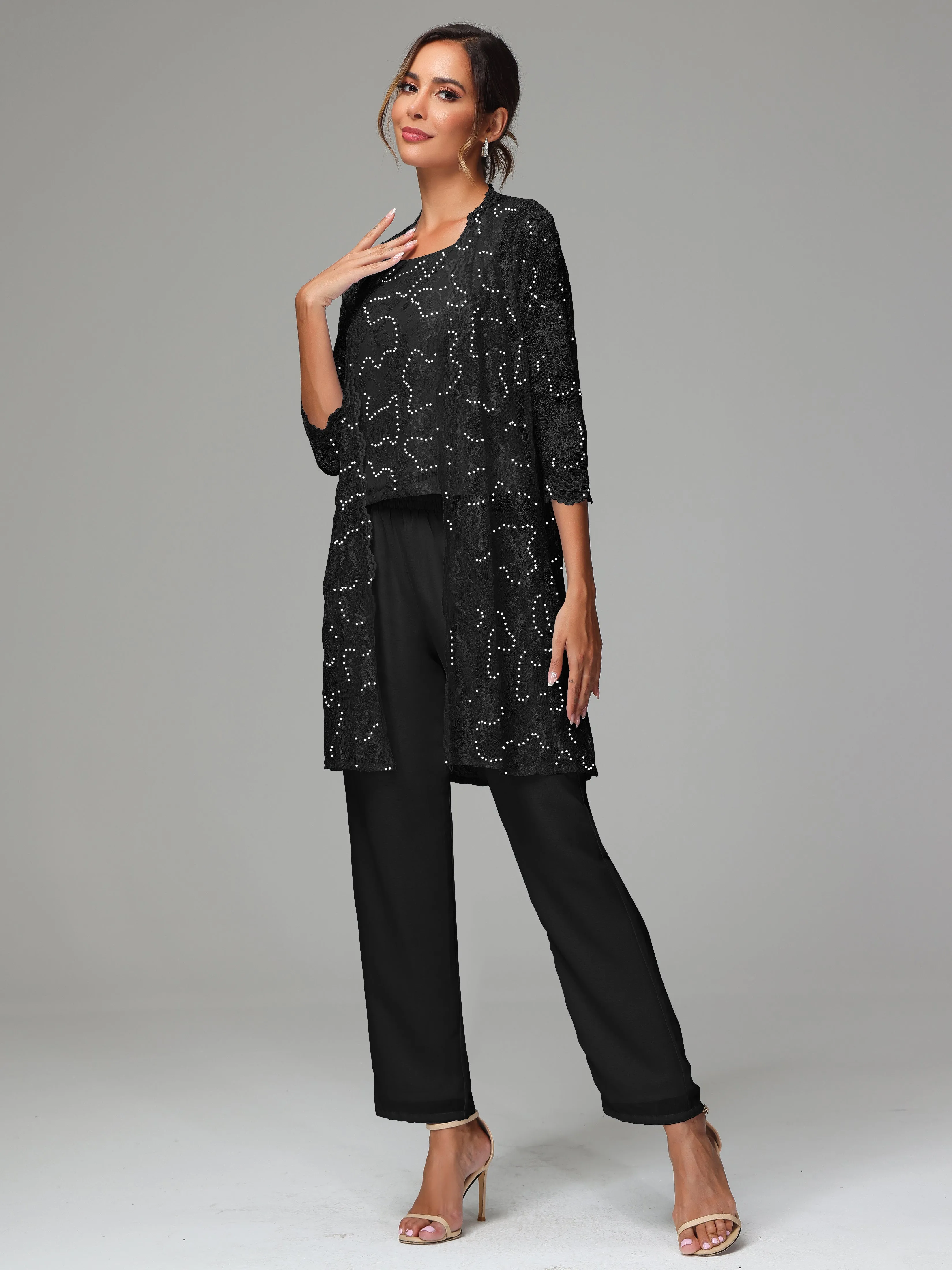Chic Chiffon Lace 3 Pieces Long Sleeves Mother Of The Bride Dress Pants Suits