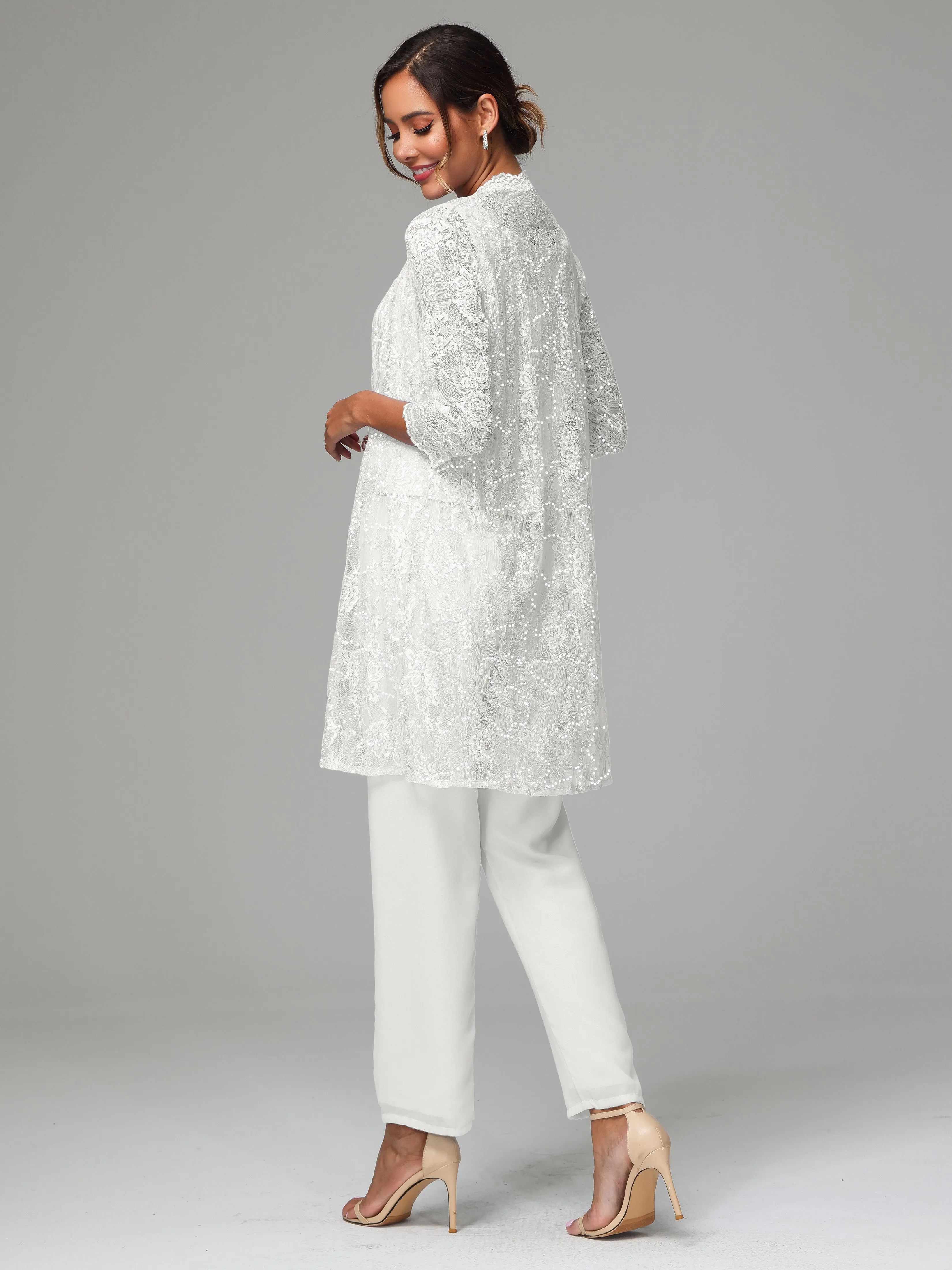 Chic Chiffon Lace 3 Pieces Long Sleeves Mother Of The Bride Dress Pants Suits