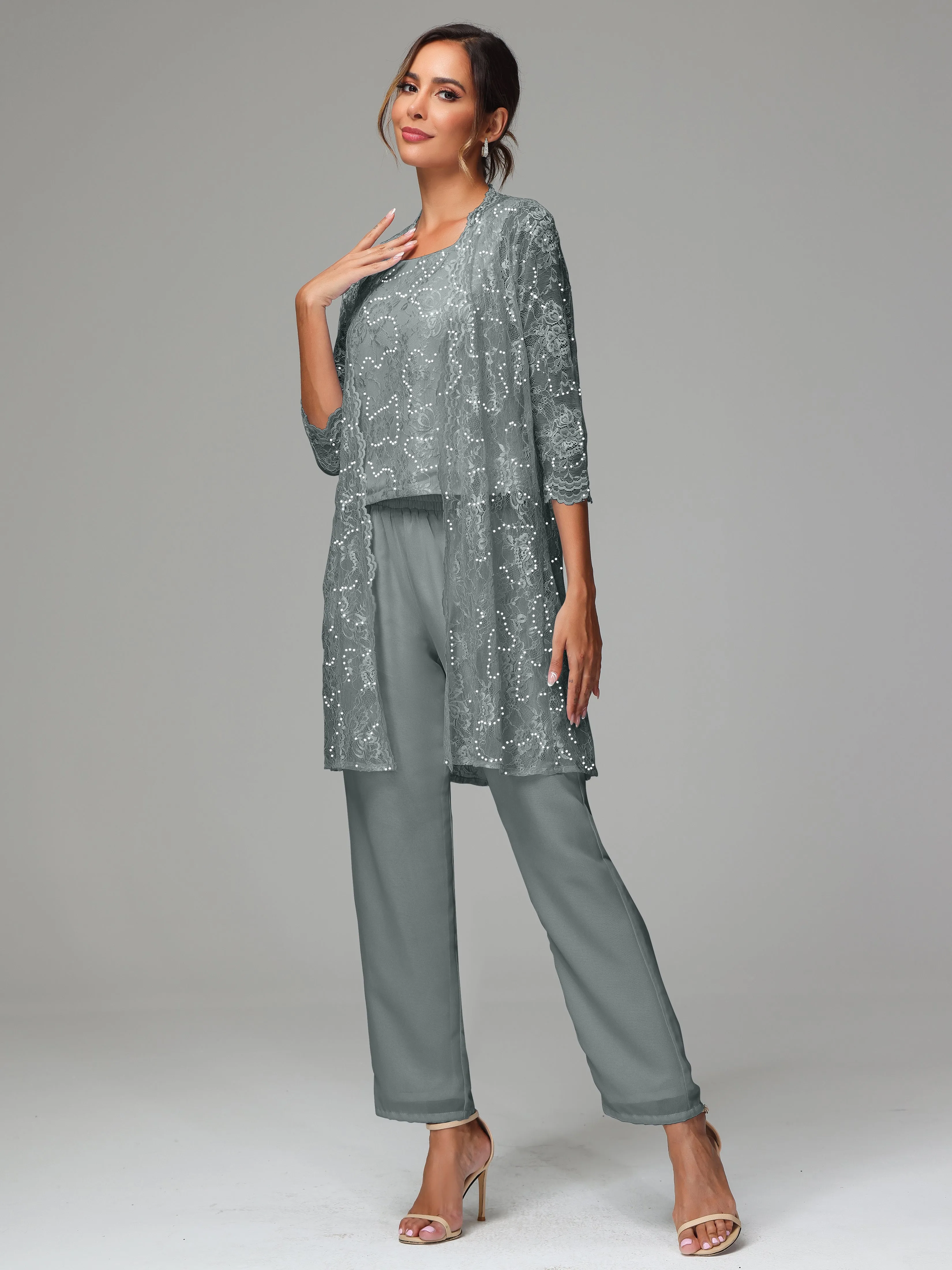 Chic Chiffon Lace 3 Pieces Long Sleeves Mother Of The Bride Dress Pants Suits