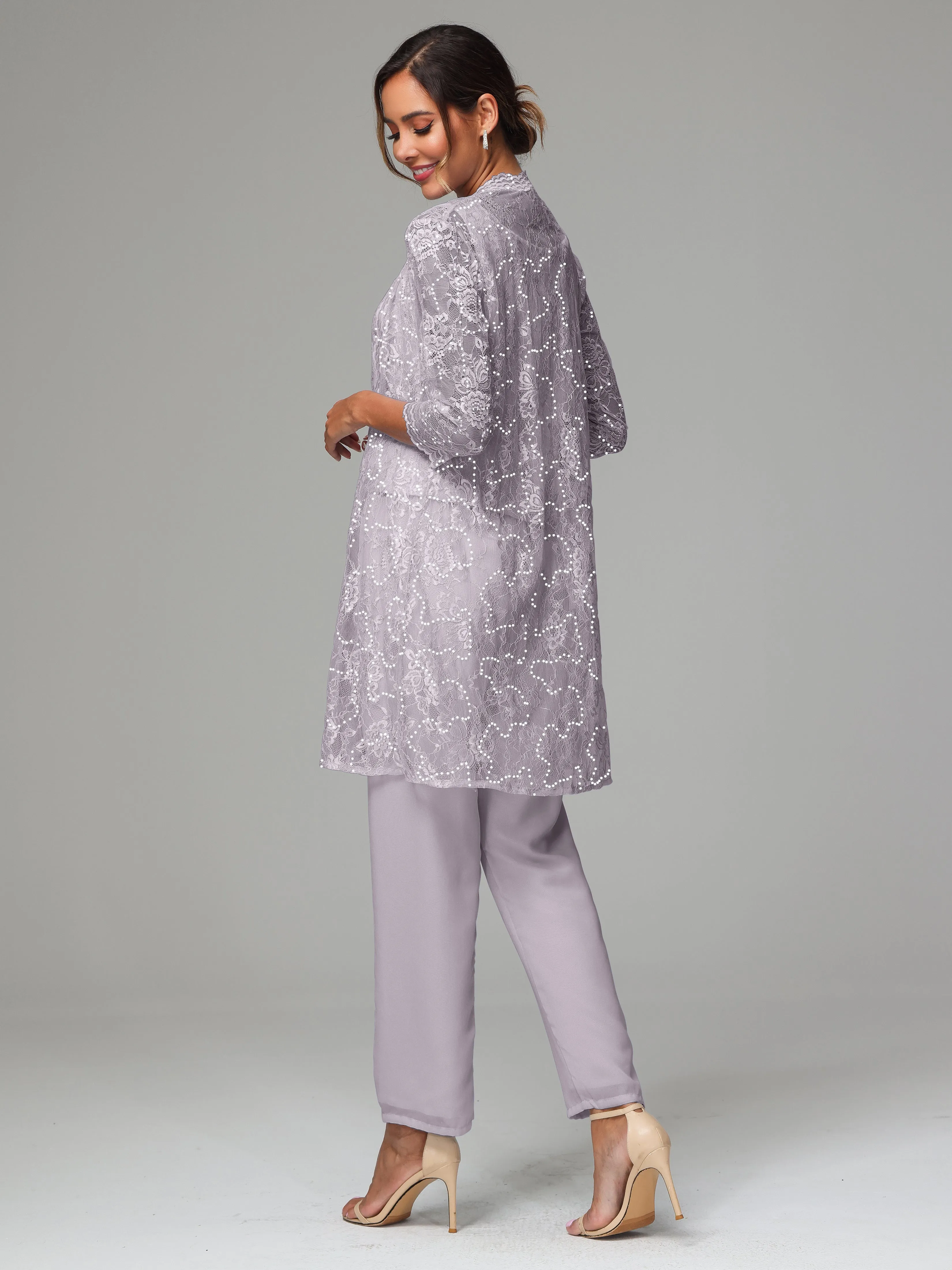Chic Chiffon Lace 3 Pieces Long Sleeves Mother Of The Bride Dress Pants Suits