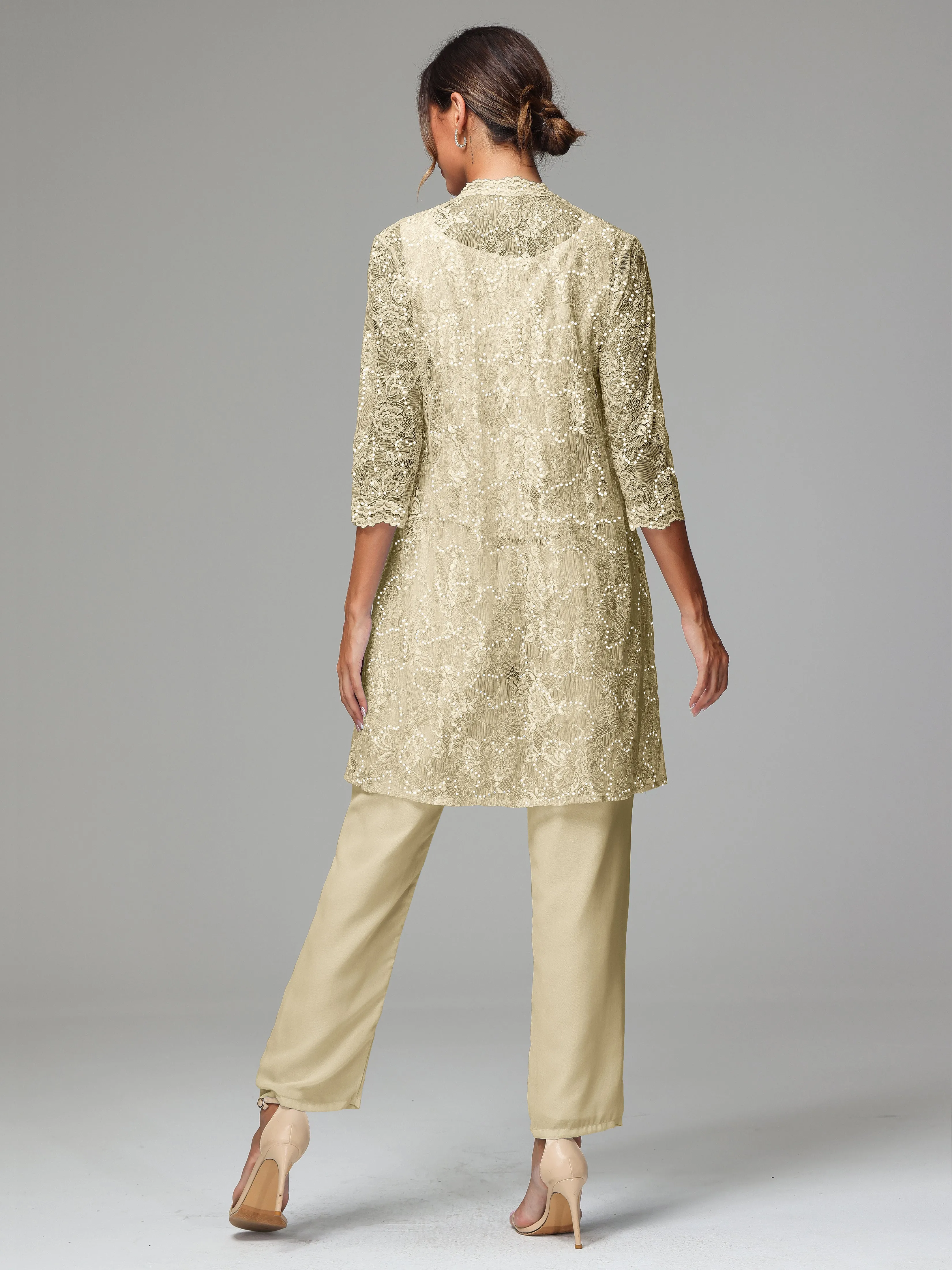 Chic Chiffon Lace 3 Pieces Long Sleeves Mother Of The Bride Dress Pants Suits