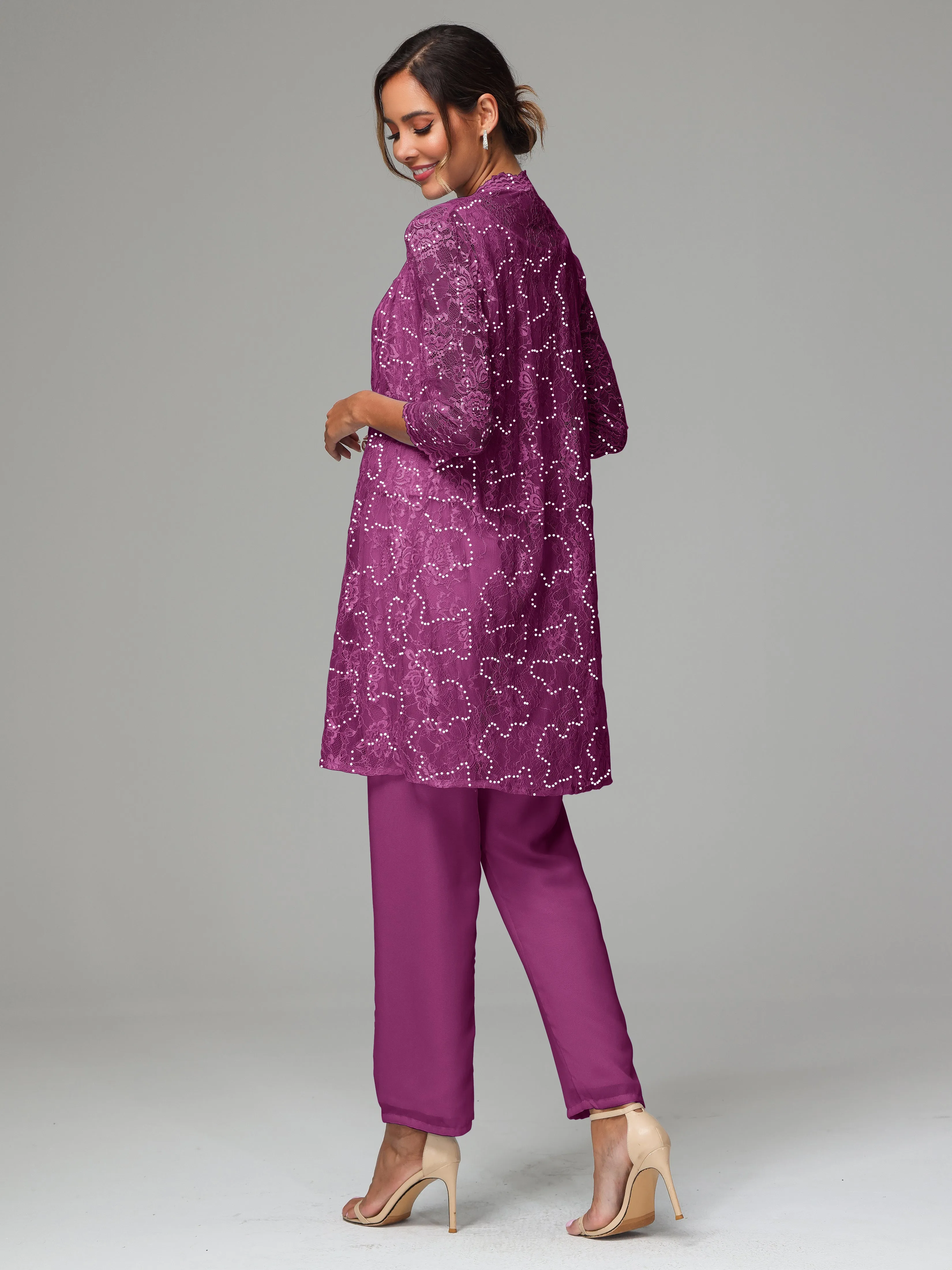 Chic Chiffon Lace 3 Pieces Long Sleeves Mother Of The Bride Dress Pants Suits