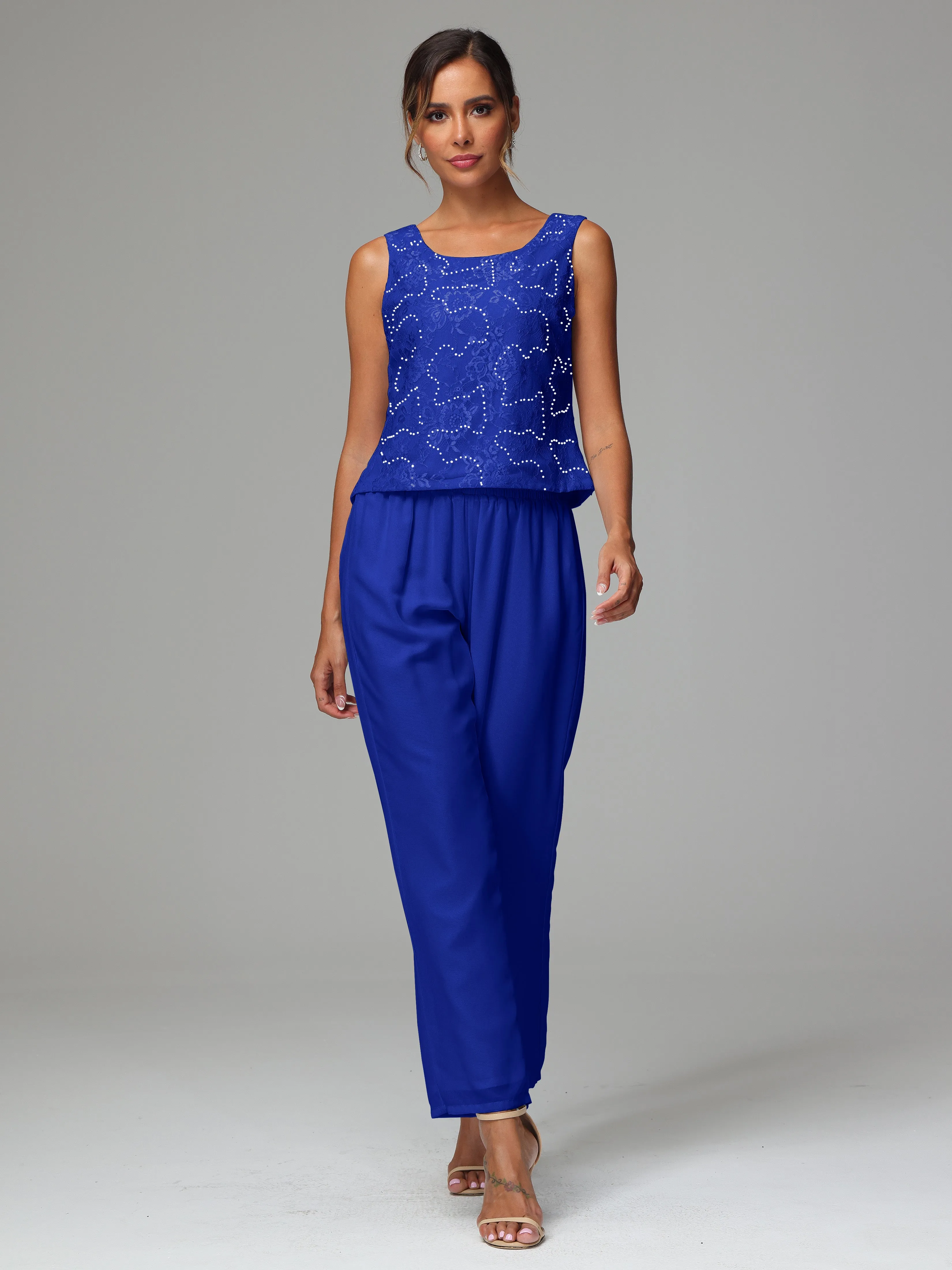 Chic Chiffon Lace 3 Pieces Long Sleeves Mother Of The Bride Dress Pants Suits