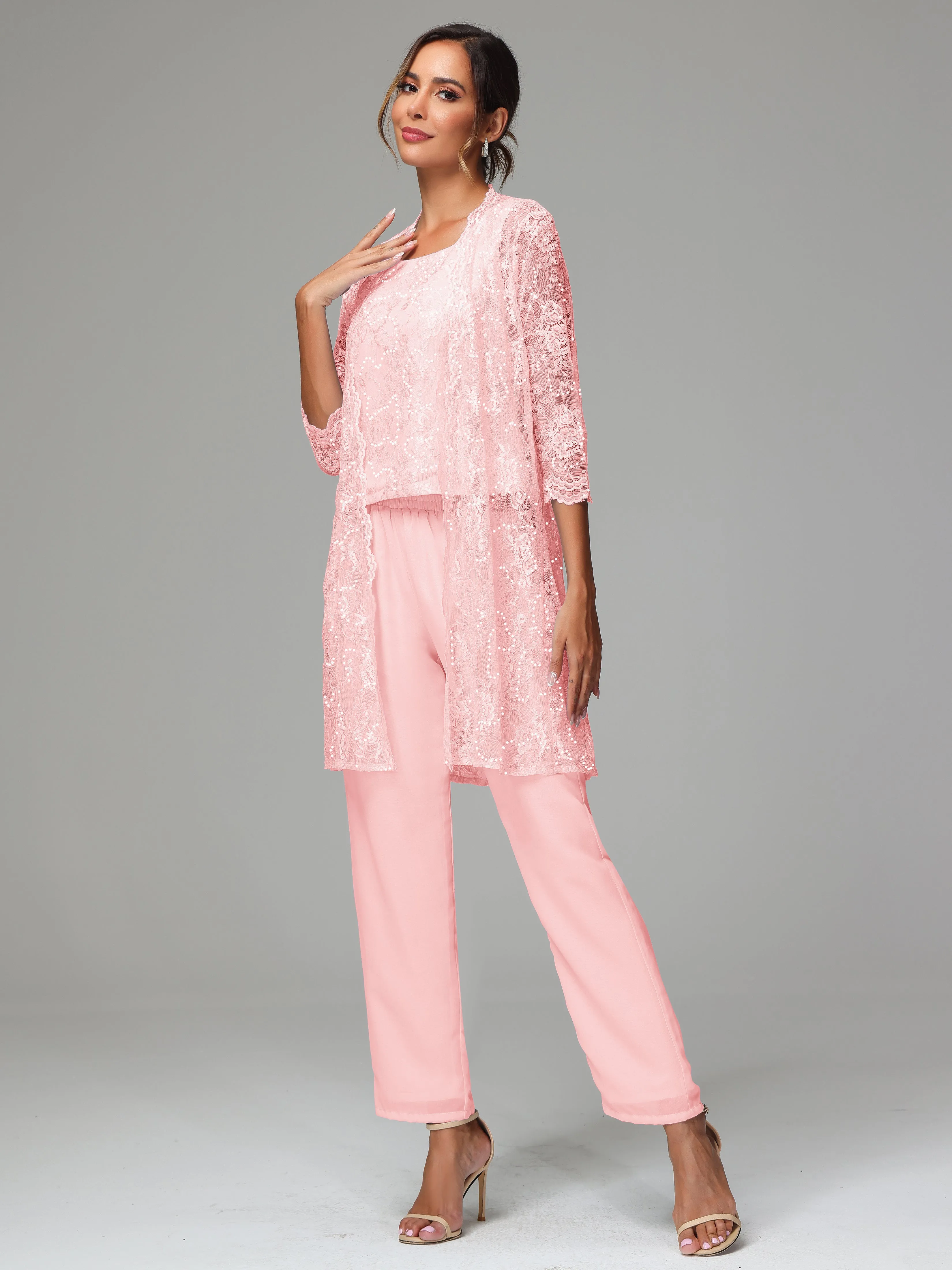 Chic Chiffon Lace 3 Pieces Long Sleeves Mother Of The Bride Dress Pants Suits