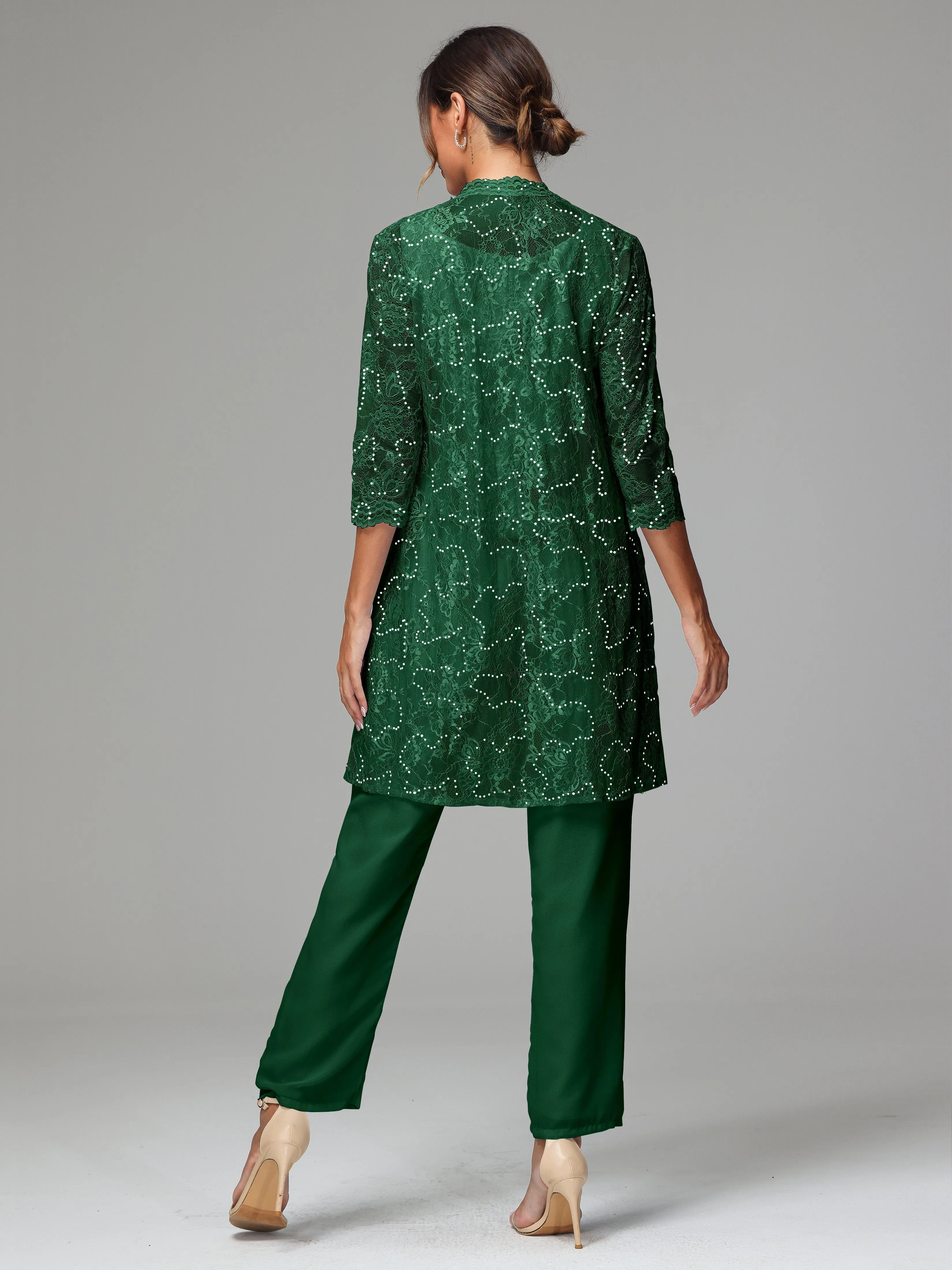 Chic Chiffon Lace 3 Pieces Long Sleeves Mother Of The Bride Dress Pants Suits