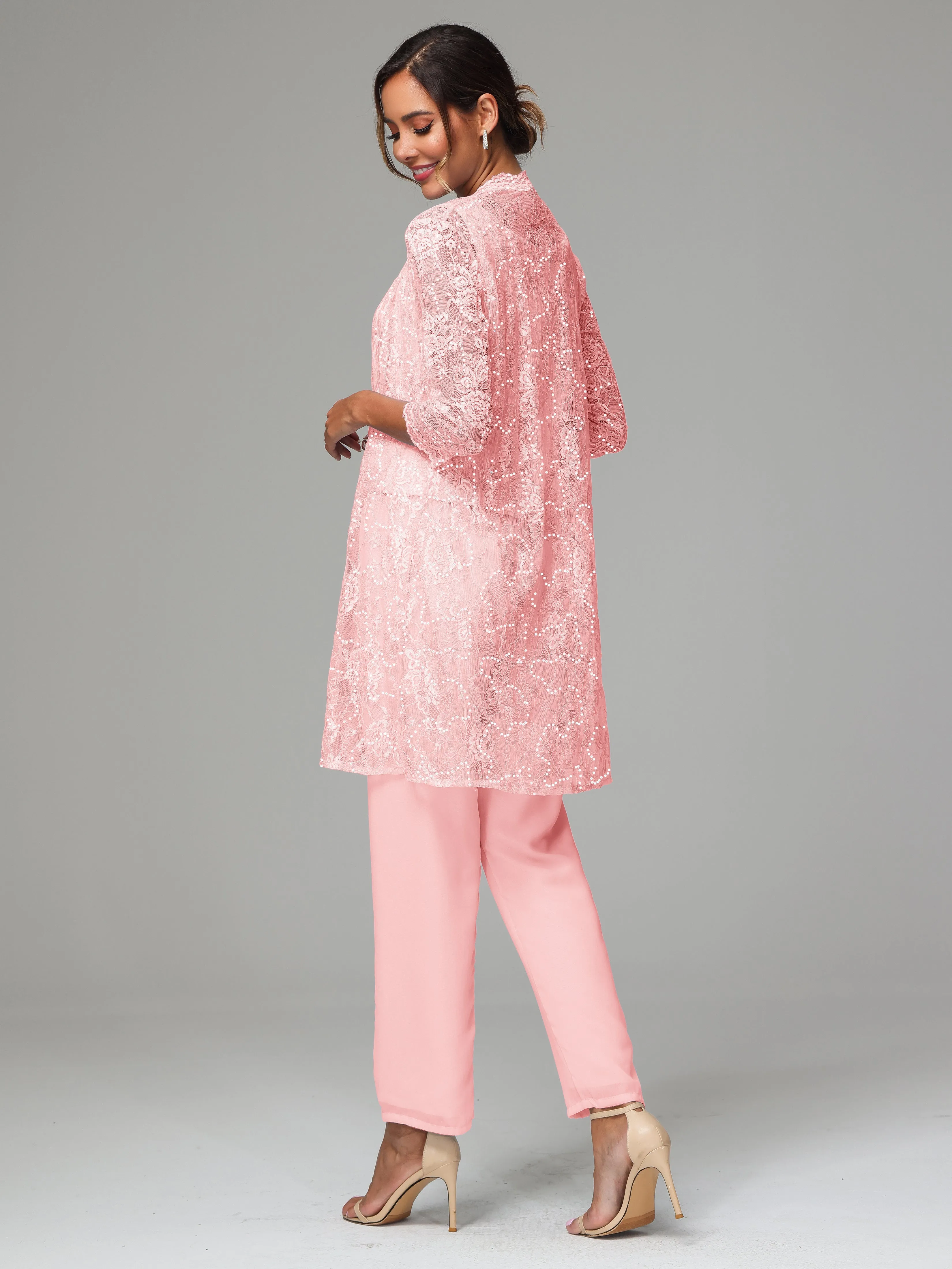 Chic Chiffon Lace 3 Pieces Long Sleeves Mother Of The Bride Dress Pants Suits
