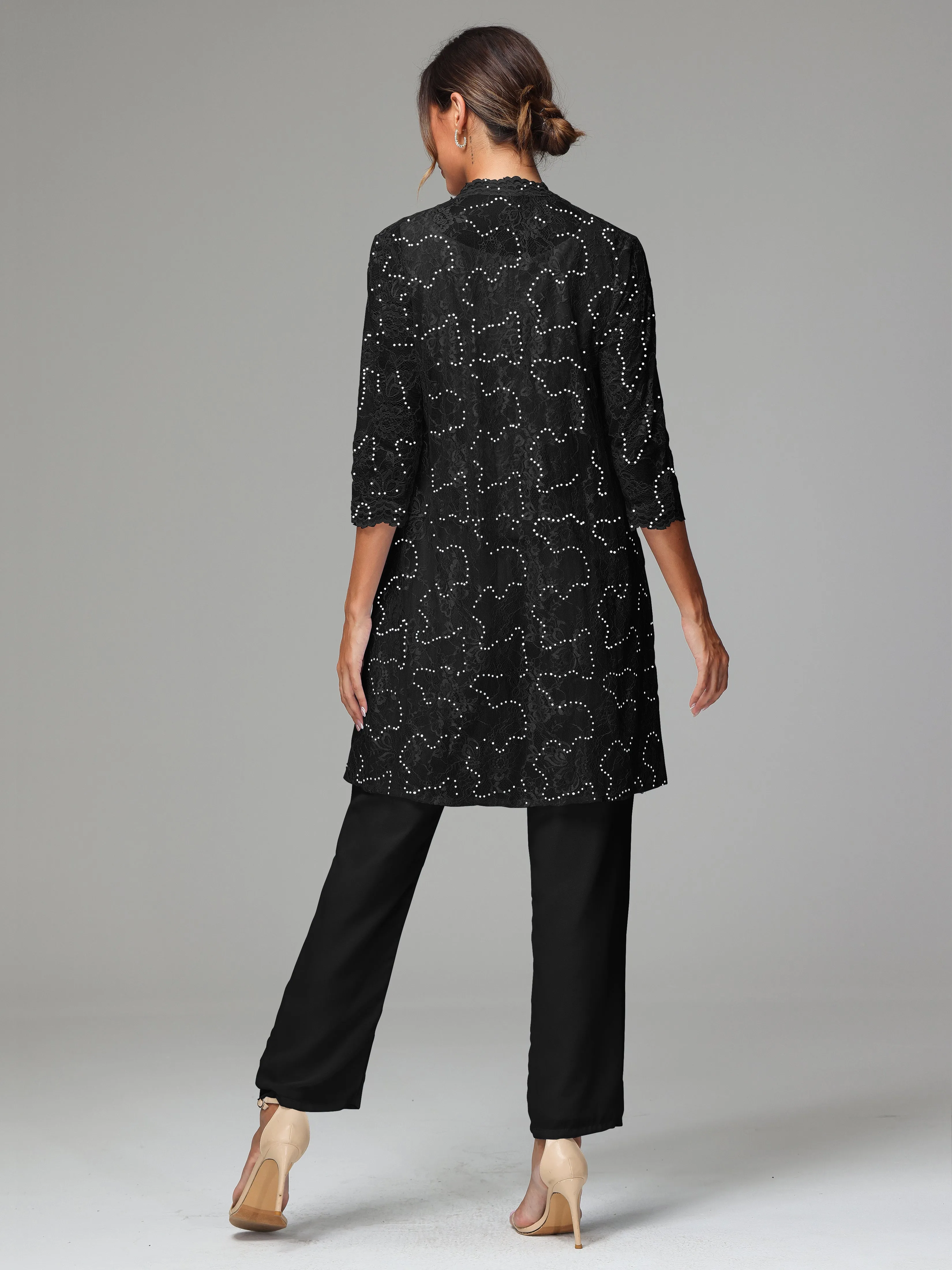 Chic Chiffon Lace 3 Pieces Long Sleeves Mother Of The Bride Dress Pants Suits