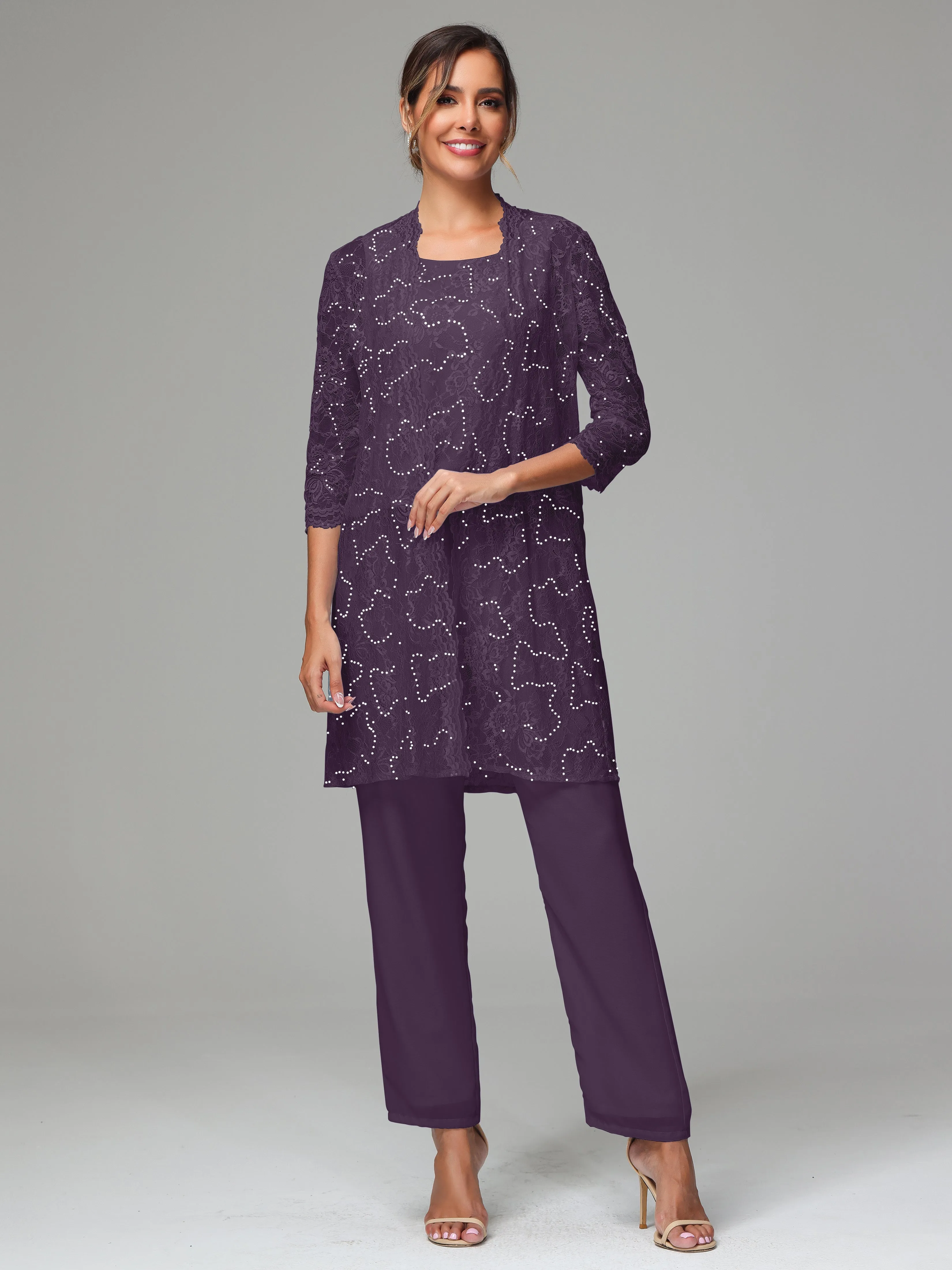 Chic Chiffon Lace 3 Pieces Long Sleeves Mother Of The Bride Dress Pants Suits