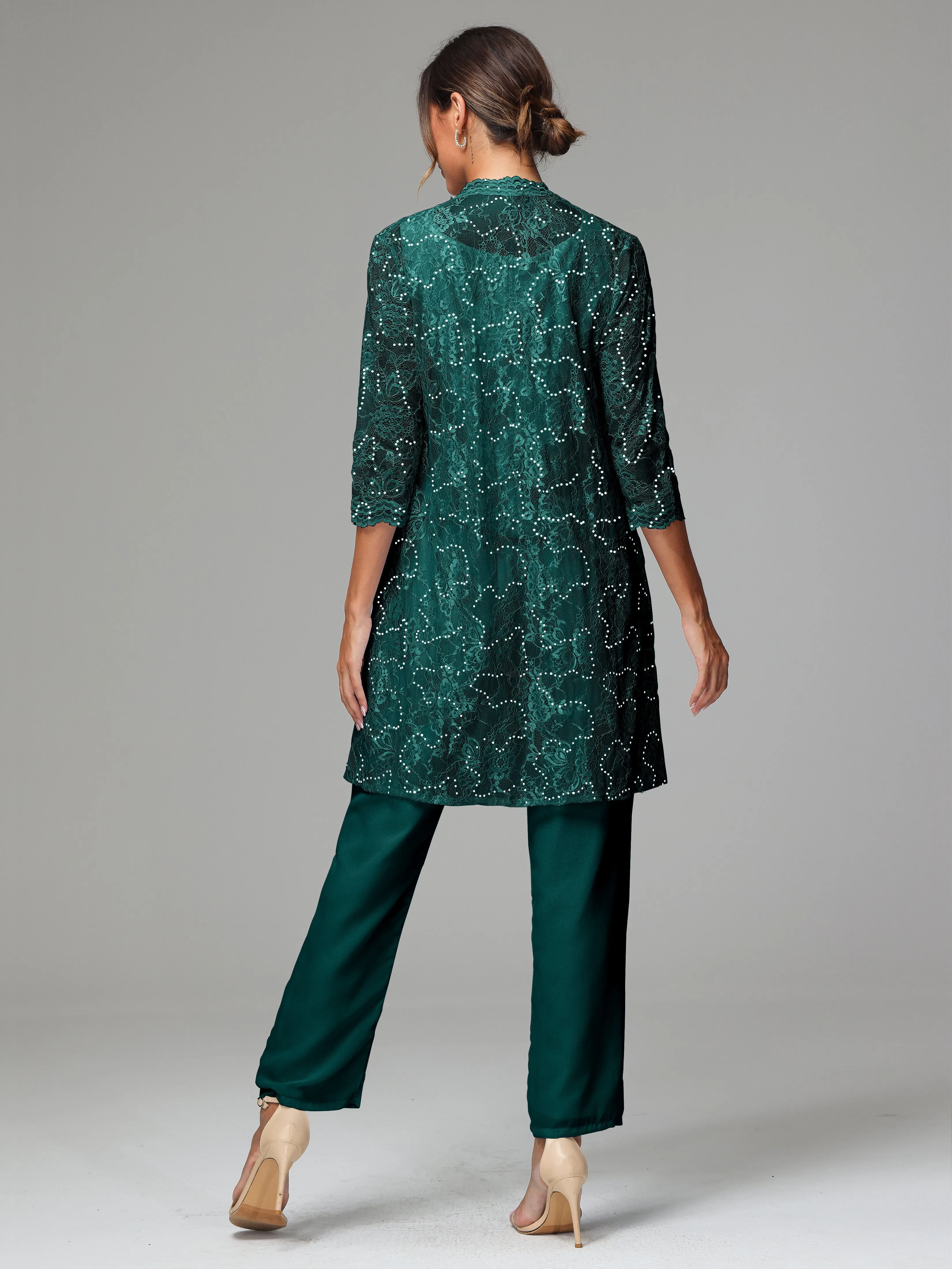 Chic Chiffon Lace 3 Pieces Long Sleeves Mother Of The Bride Dress Pants Suits