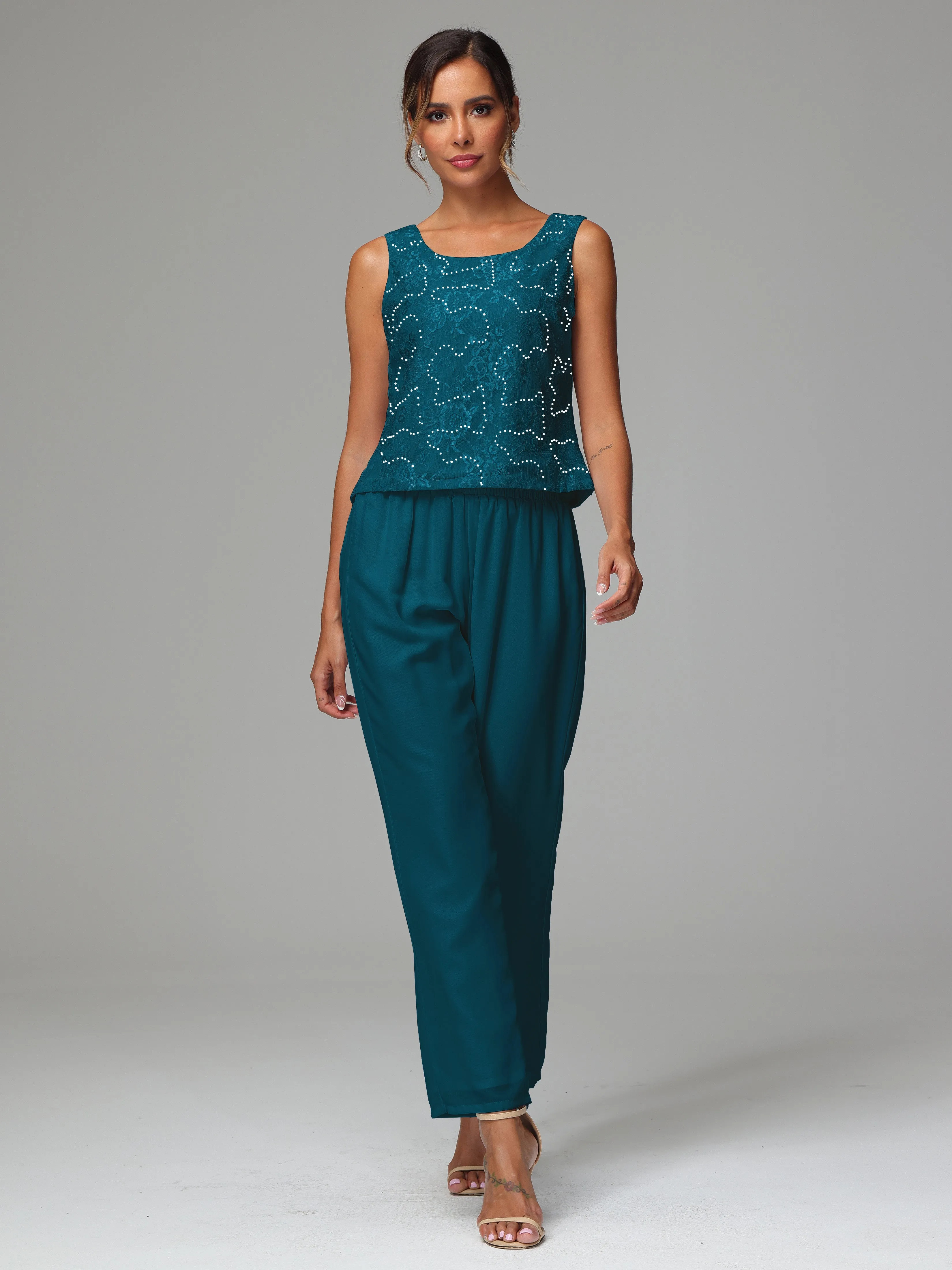 Chic Chiffon Lace 3 Pieces Long Sleeves Mother Of The Bride Dress Pants Suits