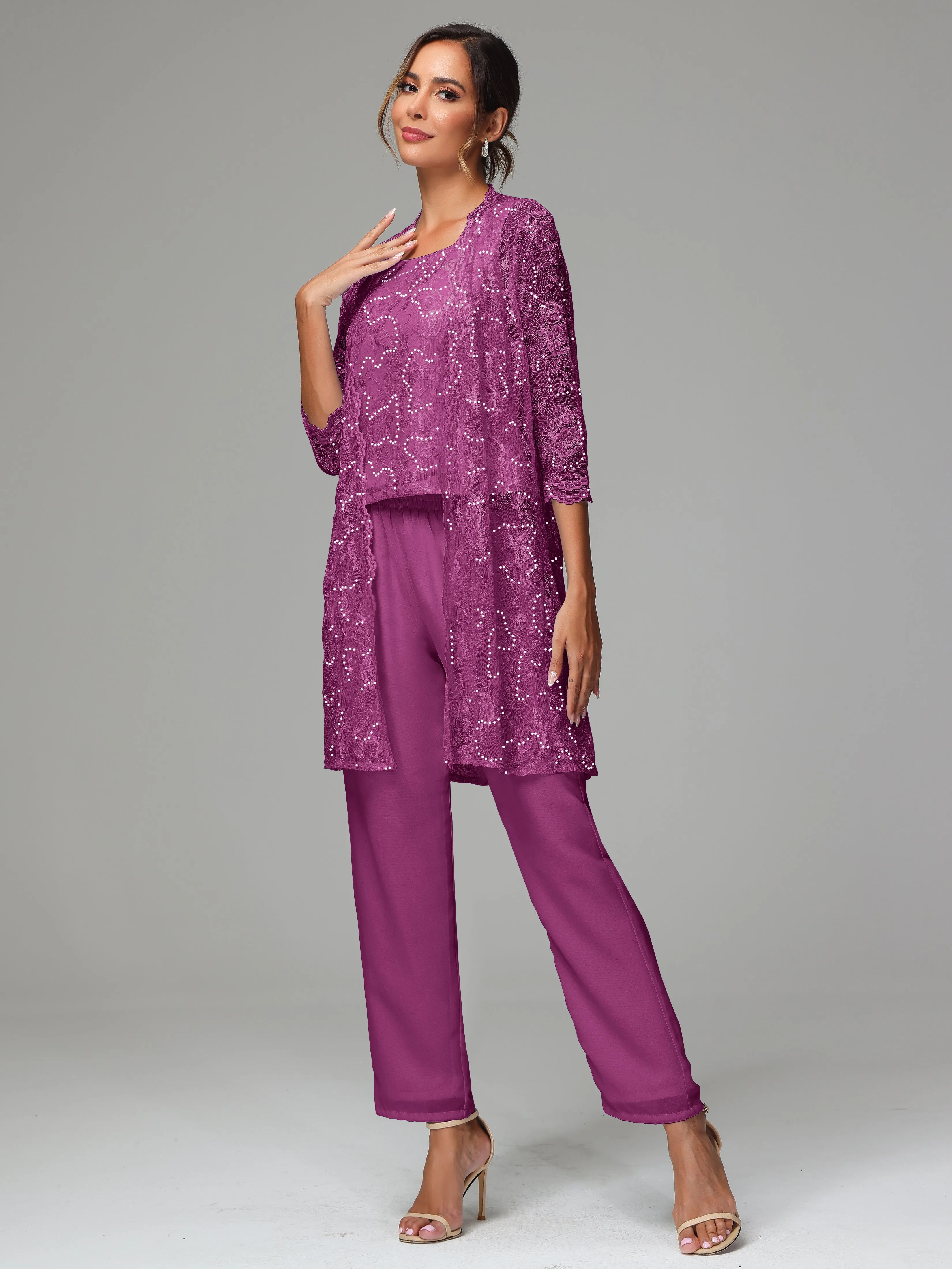 Chic Chiffon Lace 3 Pieces Long Sleeves Mother Of The Bride Dress Pants Suits