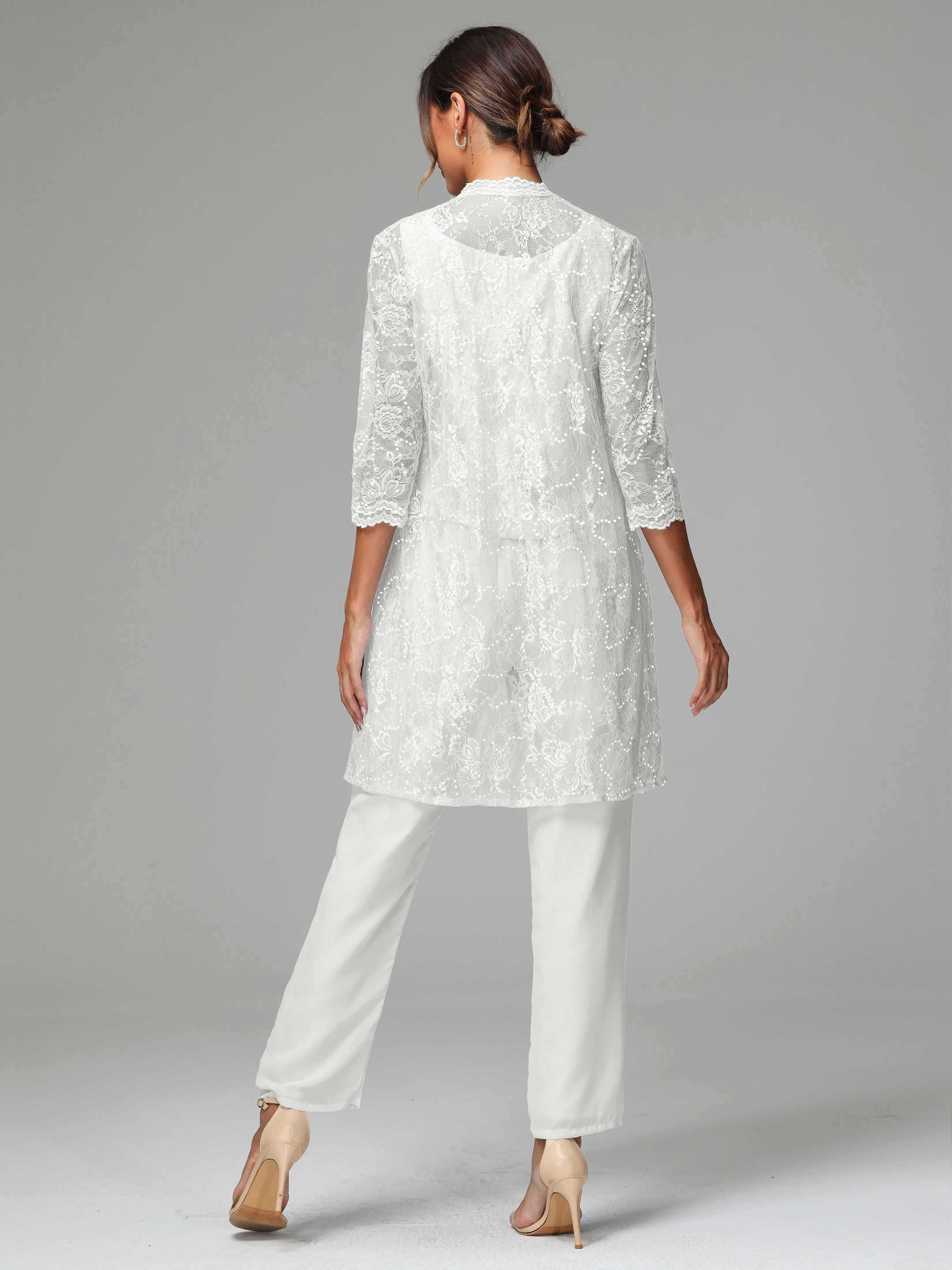 Chic Chiffon Lace 3 Pieces Long Sleeves Mother Of The Bride Dress Pants Suits