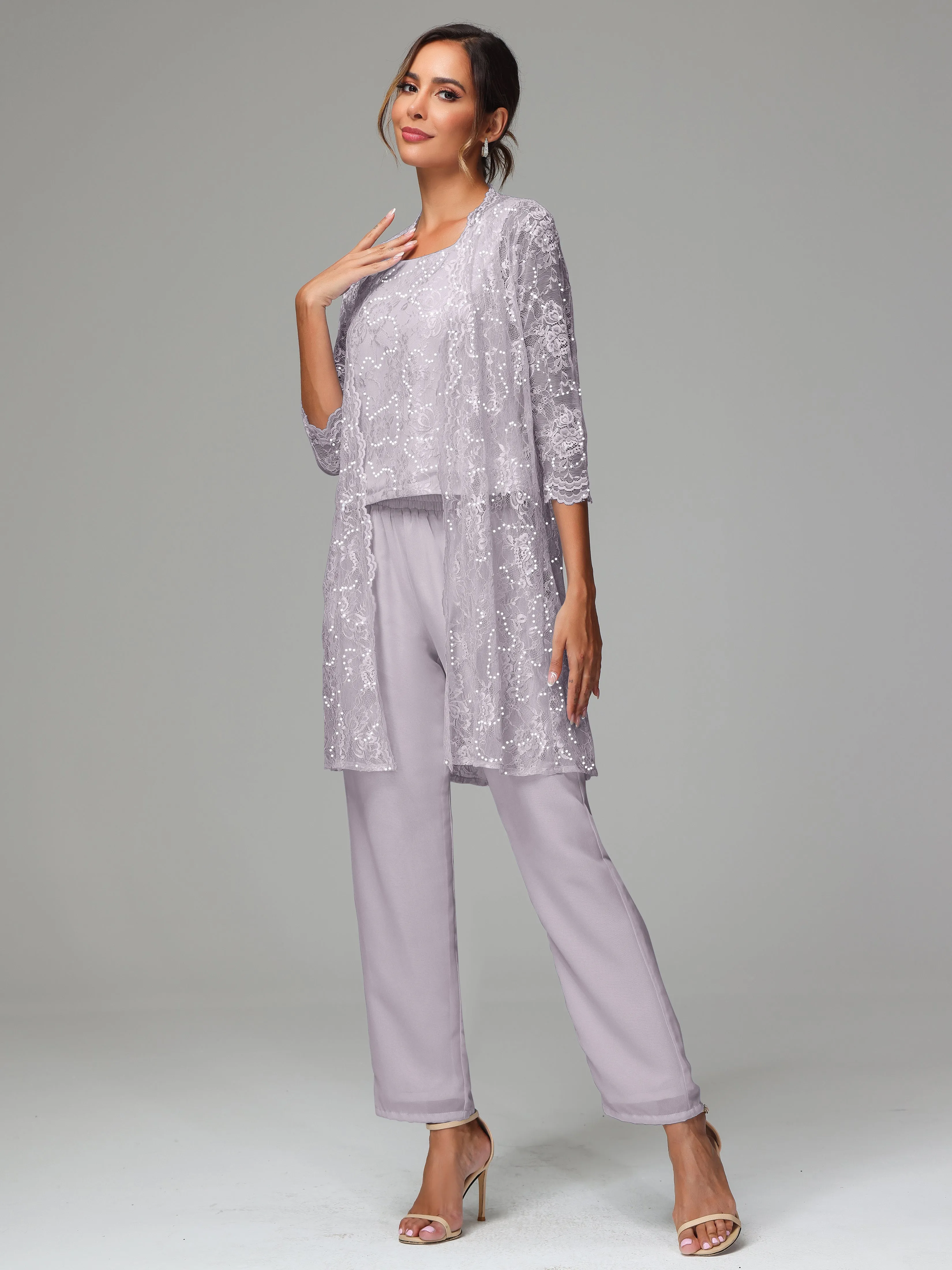 Chic Chiffon Lace 3 Pieces Long Sleeves Mother Of The Bride Dress Pants Suits