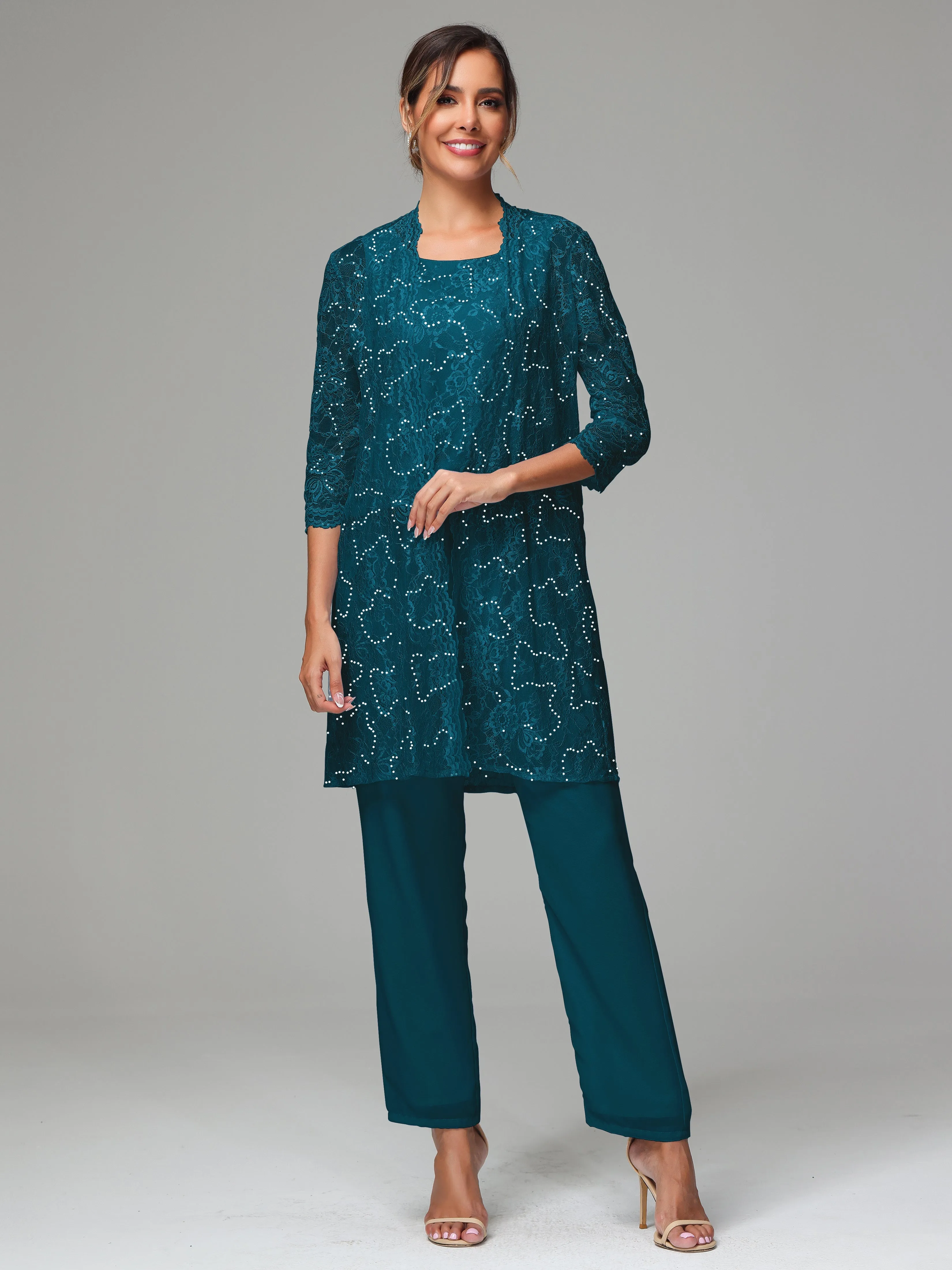 Chic Chiffon Lace 3 Pieces Long Sleeves Mother Of The Bride Dress Pants Suits
