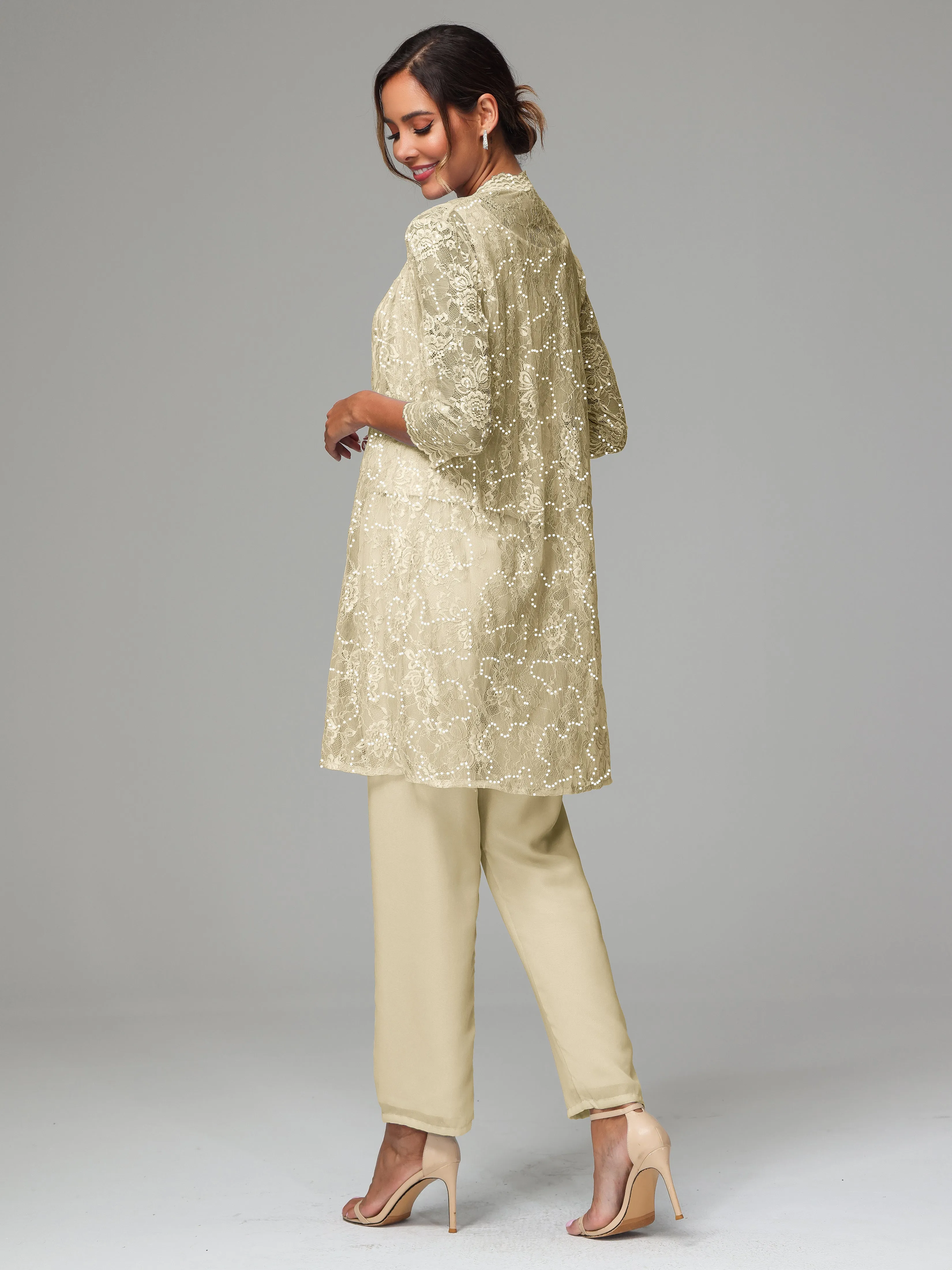 Chic Chiffon Lace 3 Pieces Long Sleeves Mother Of The Bride Dress Pants Suits