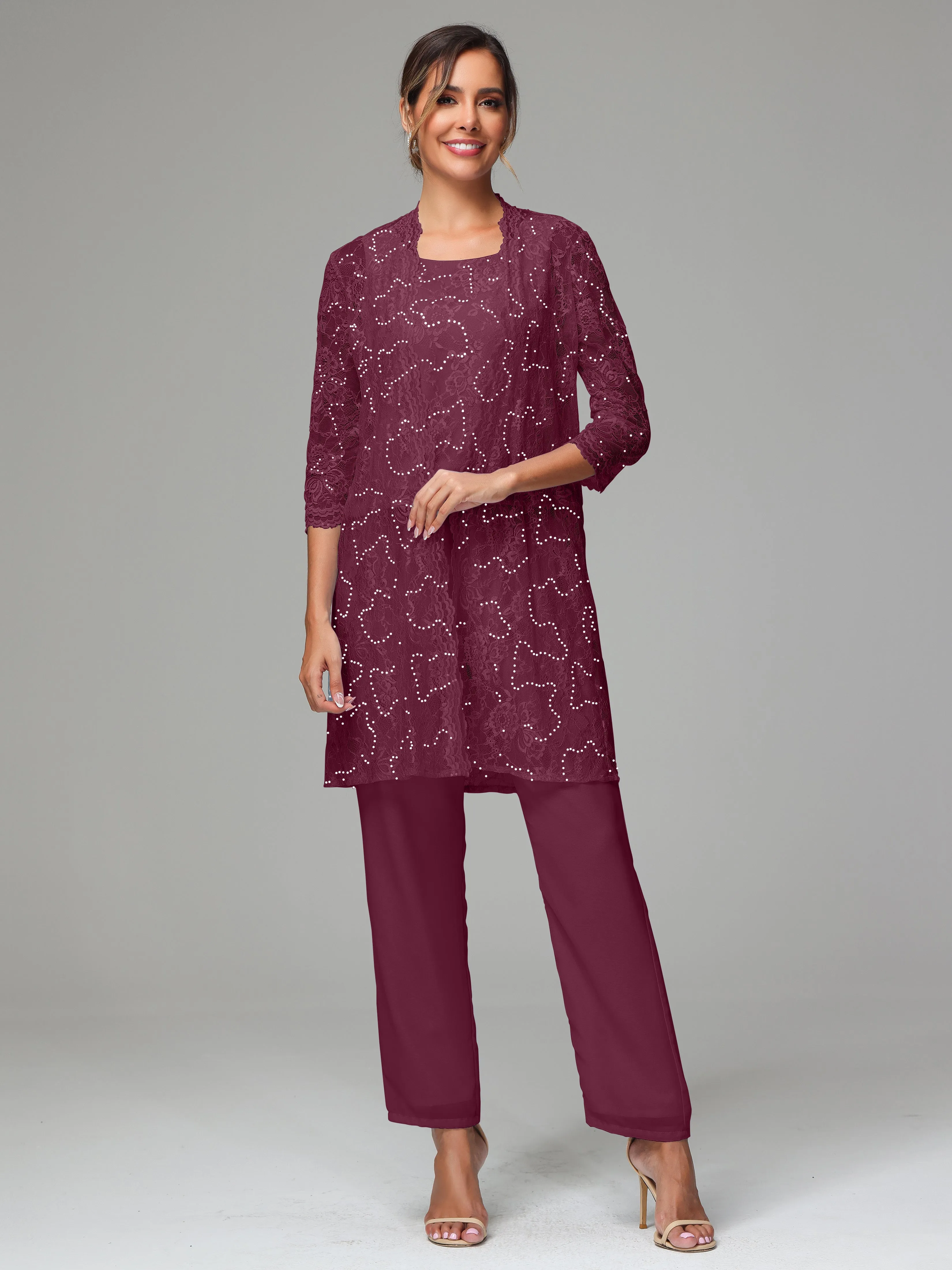 Chic Chiffon Lace 3 Pieces Long Sleeves Mother Of The Bride Dress Pants Suits
