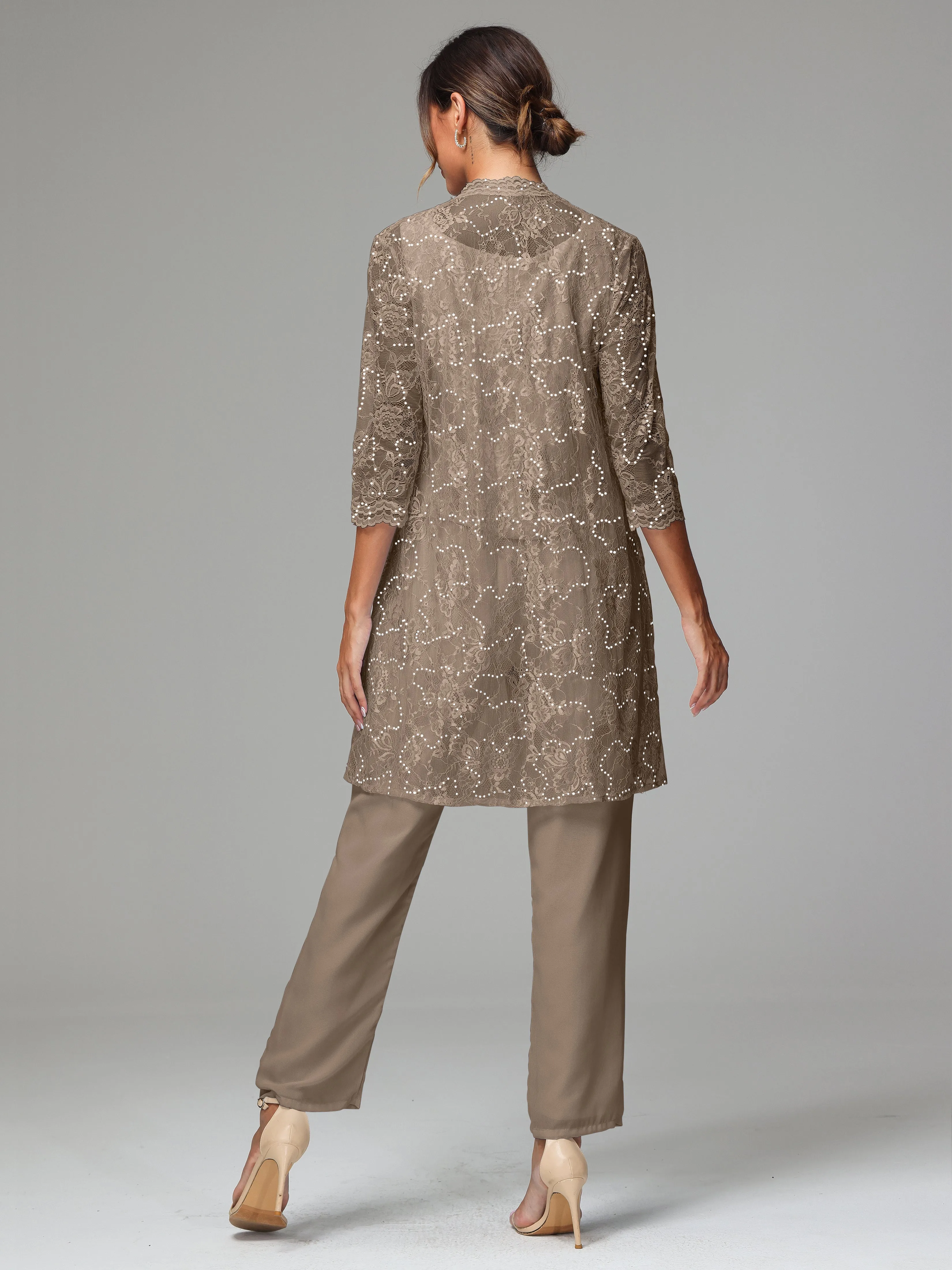 Chic Chiffon Lace 3 Pieces Long Sleeves Mother Of The Bride Dress Pants Suits
