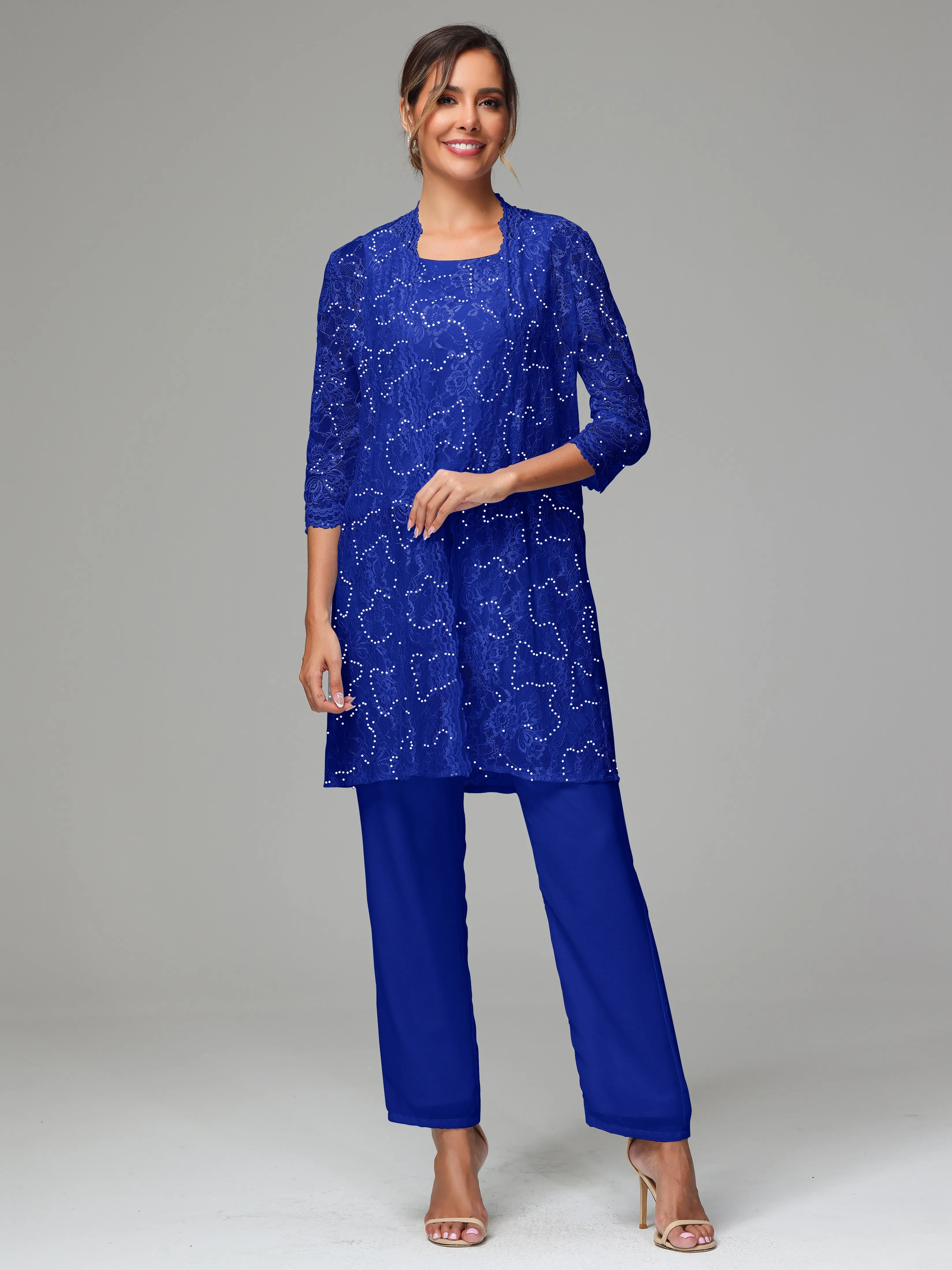 Chic Chiffon Lace 3 Pieces Long Sleeves Mother Of The Bride Dress Pants Suits