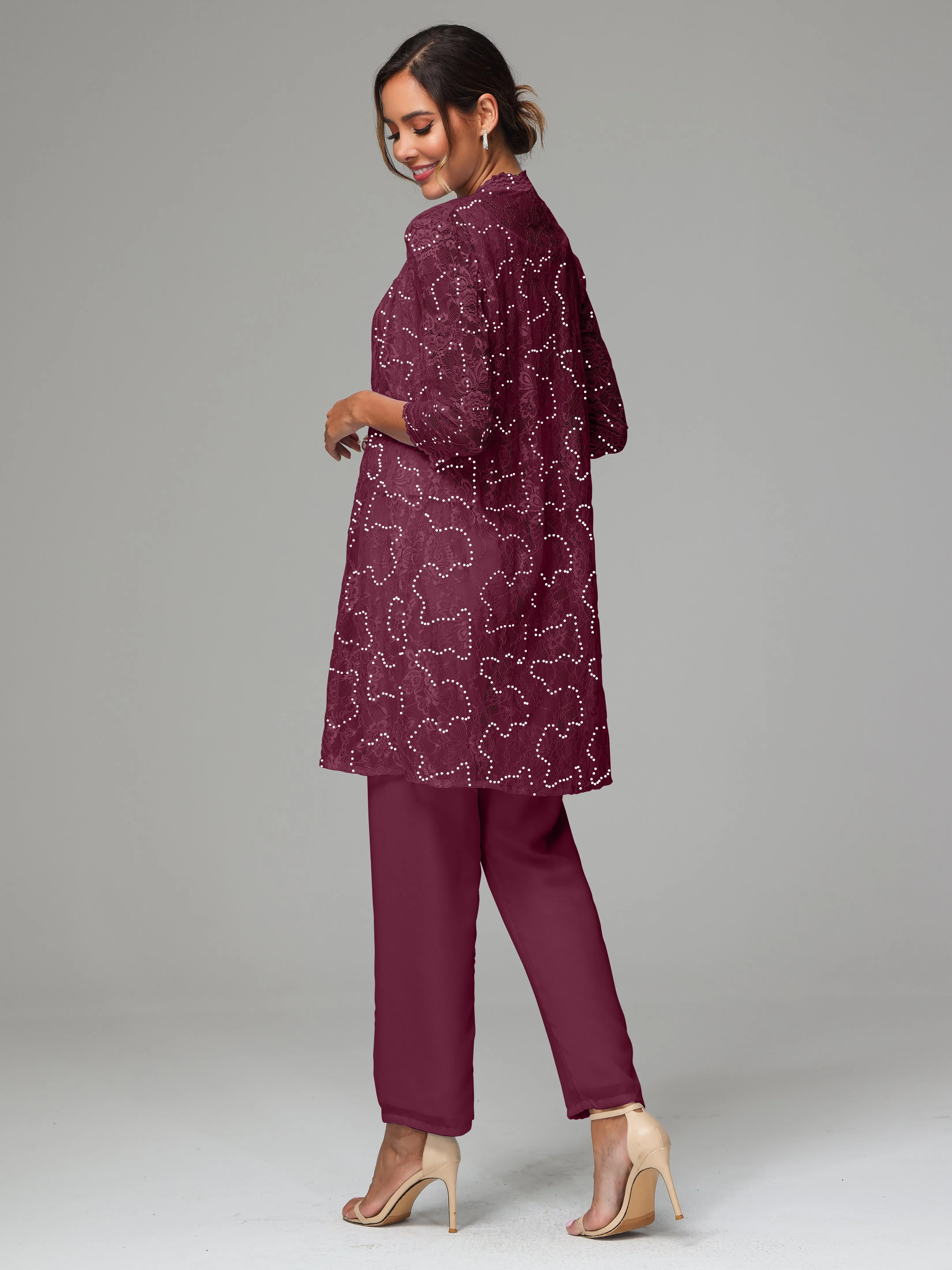 Chic Chiffon Lace 3 Pieces Long Sleeves Mother Of The Bride Dress Pants Suits