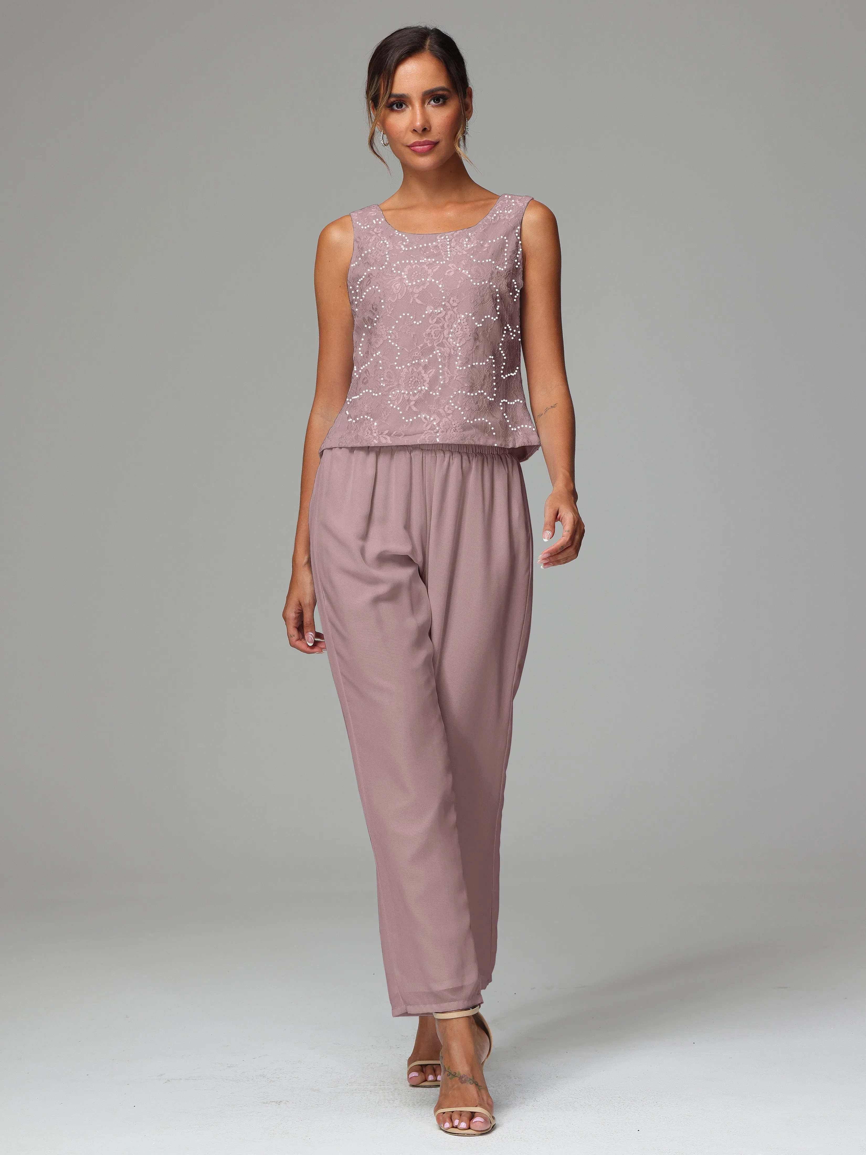 Chic Chiffon Lace 3 Pieces Long Sleeves Mother Of The Bride Dress Pants Suits