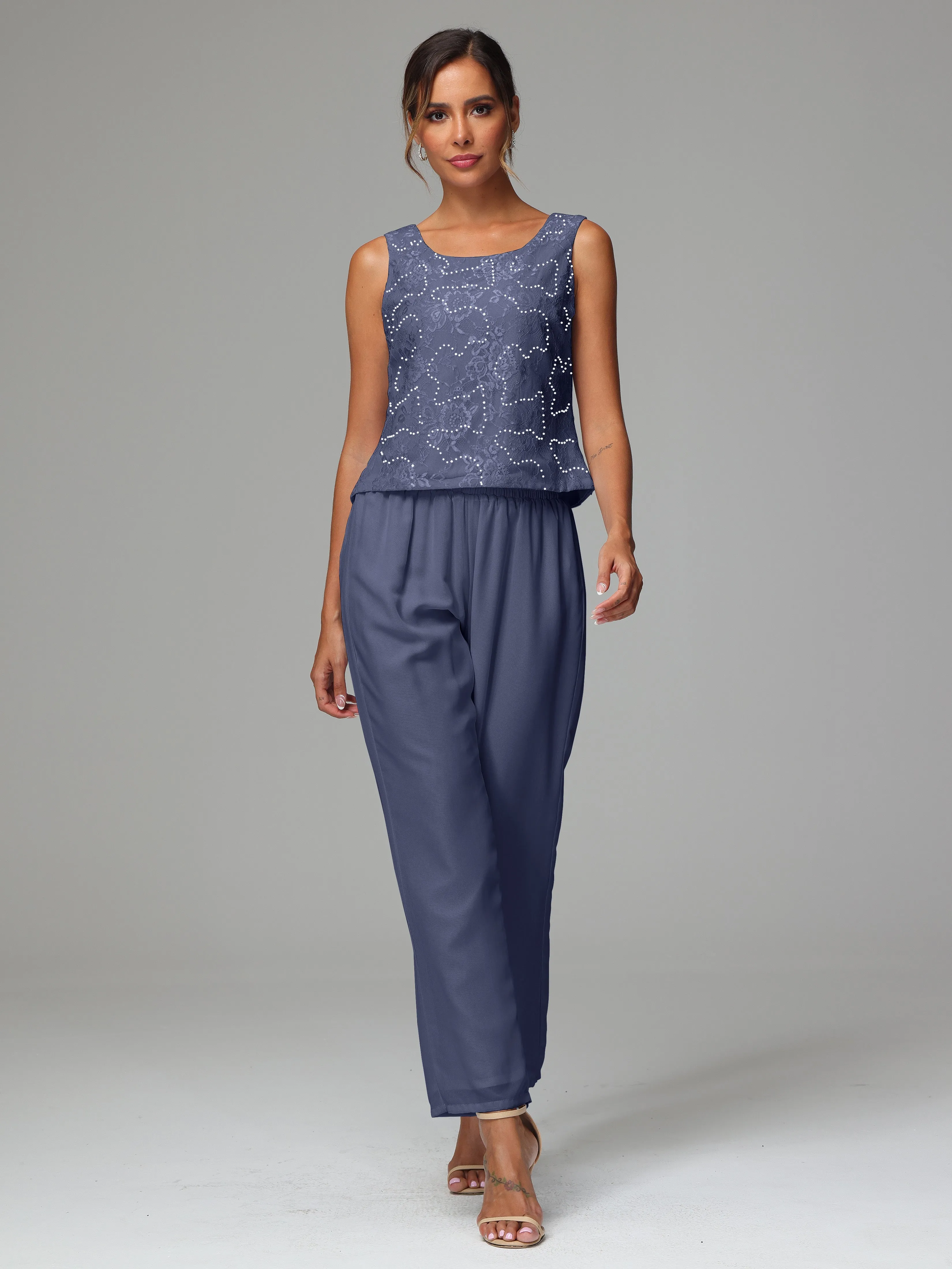 Chic Chiffon Lace 3 Pieces Long Sleeves Mother Of The Bride Dress Pants Suits