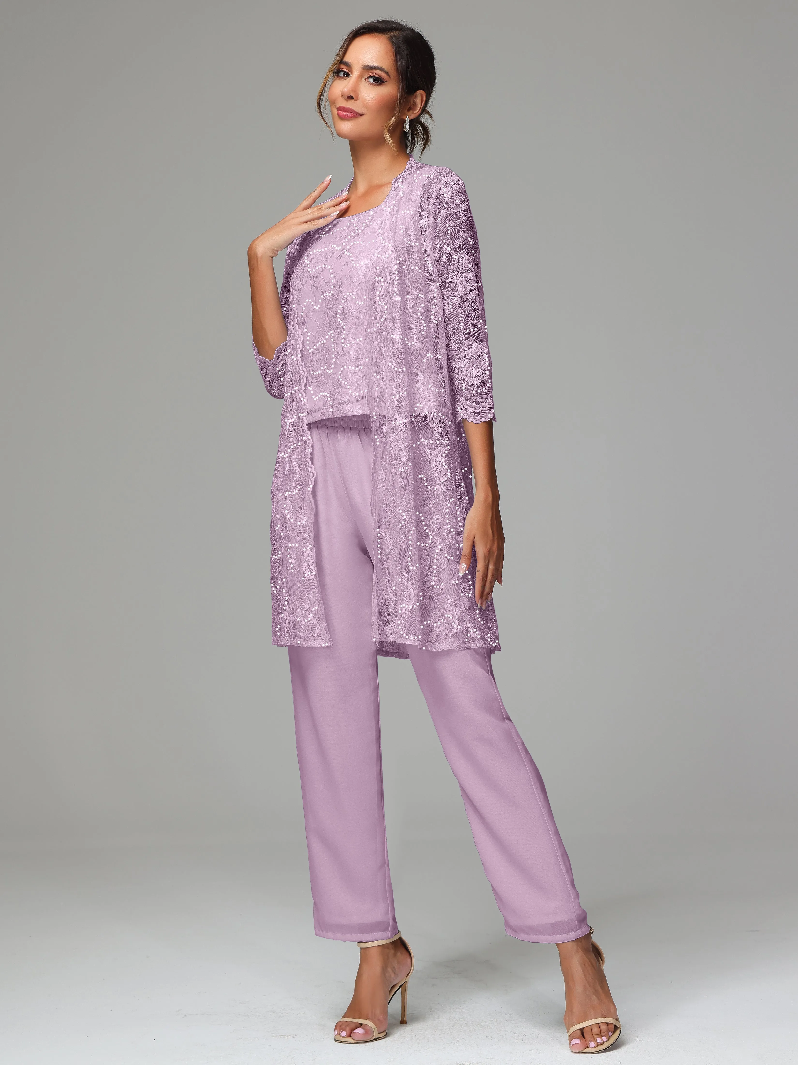 Chic Chiffon Lace 3 Pieces Long Sleeves Mother Of The Bride Dress Pants Suits