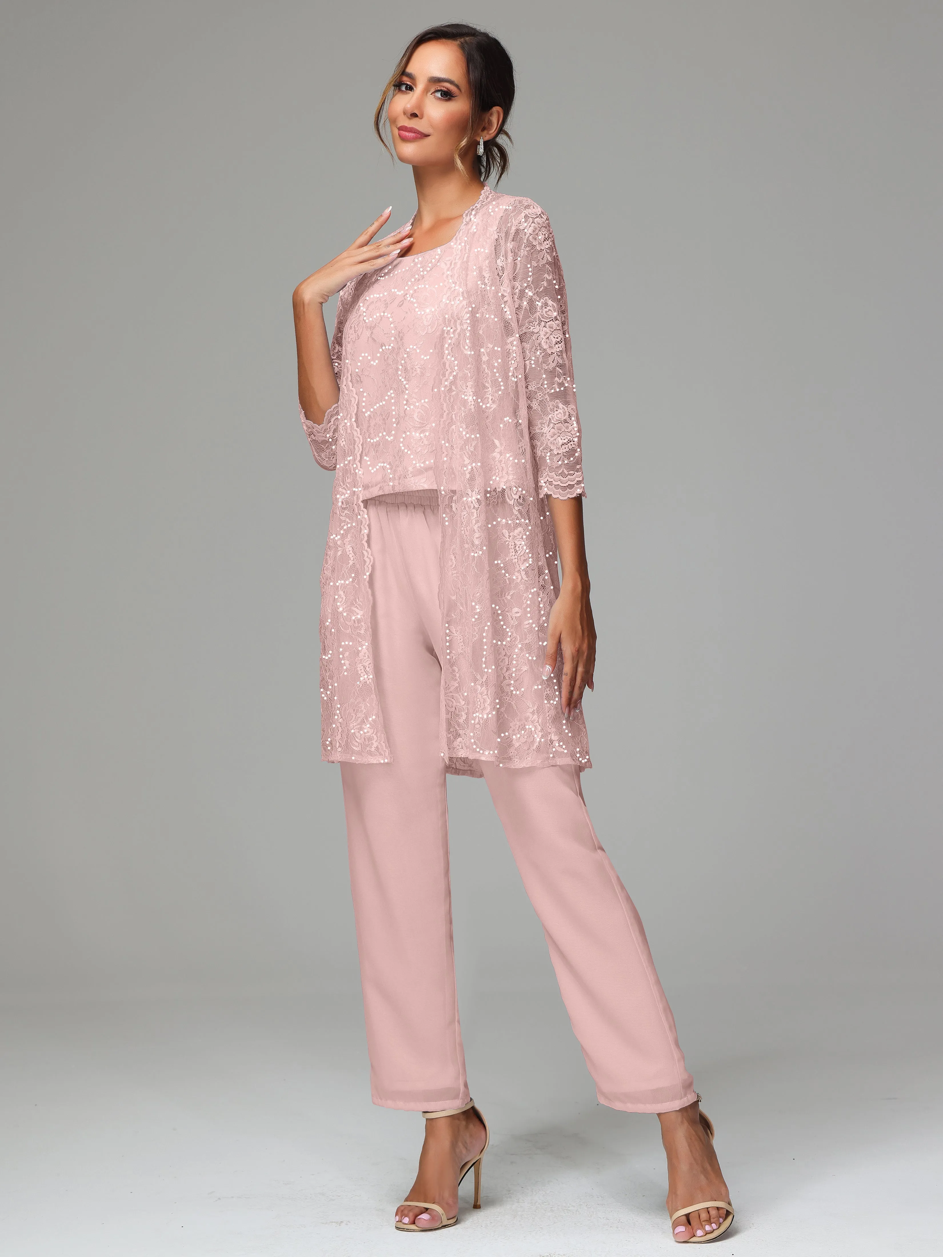 Chic Chiffon Lace 3 Pieces Long Sleeves Mother Of The Bride Dress Pants Suits