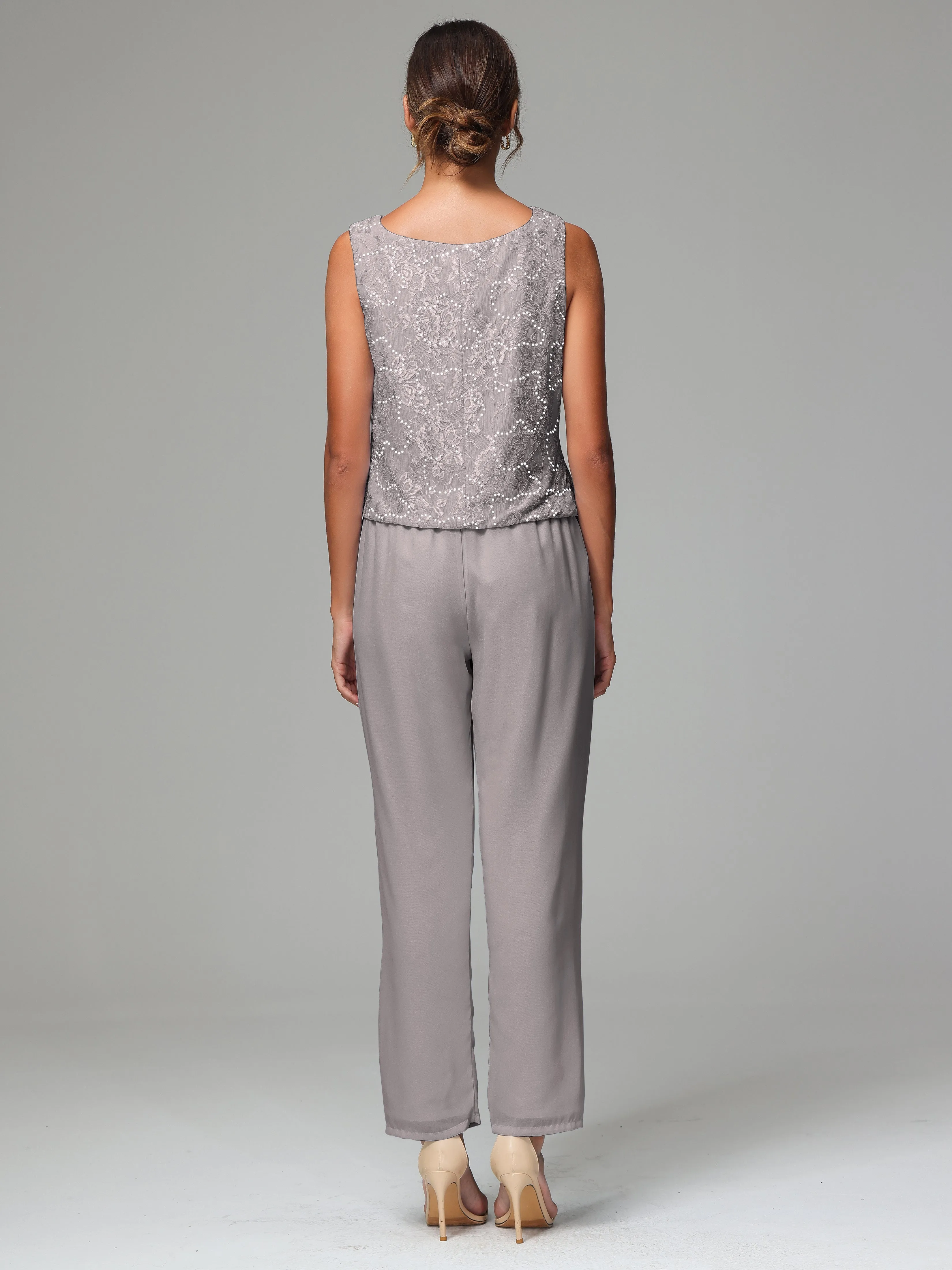 Chic Chiffon Lace 3 Pieces Long Sleeves Mother Of The Bride Dress Pants Suits