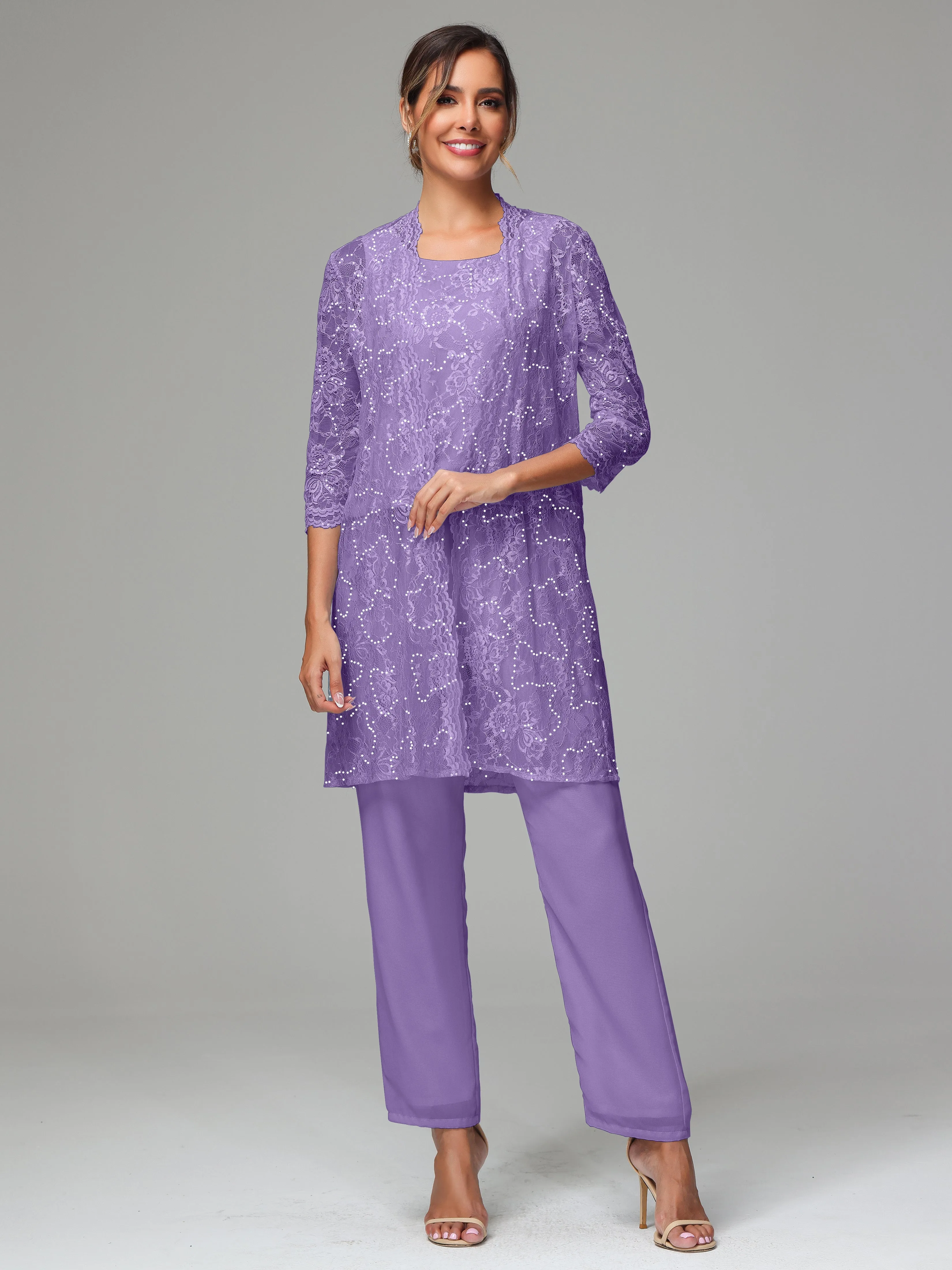 Chic Chiffon Lace 3 Pieces Long Sleeves Mother Of The Bride Dress Pants Suits