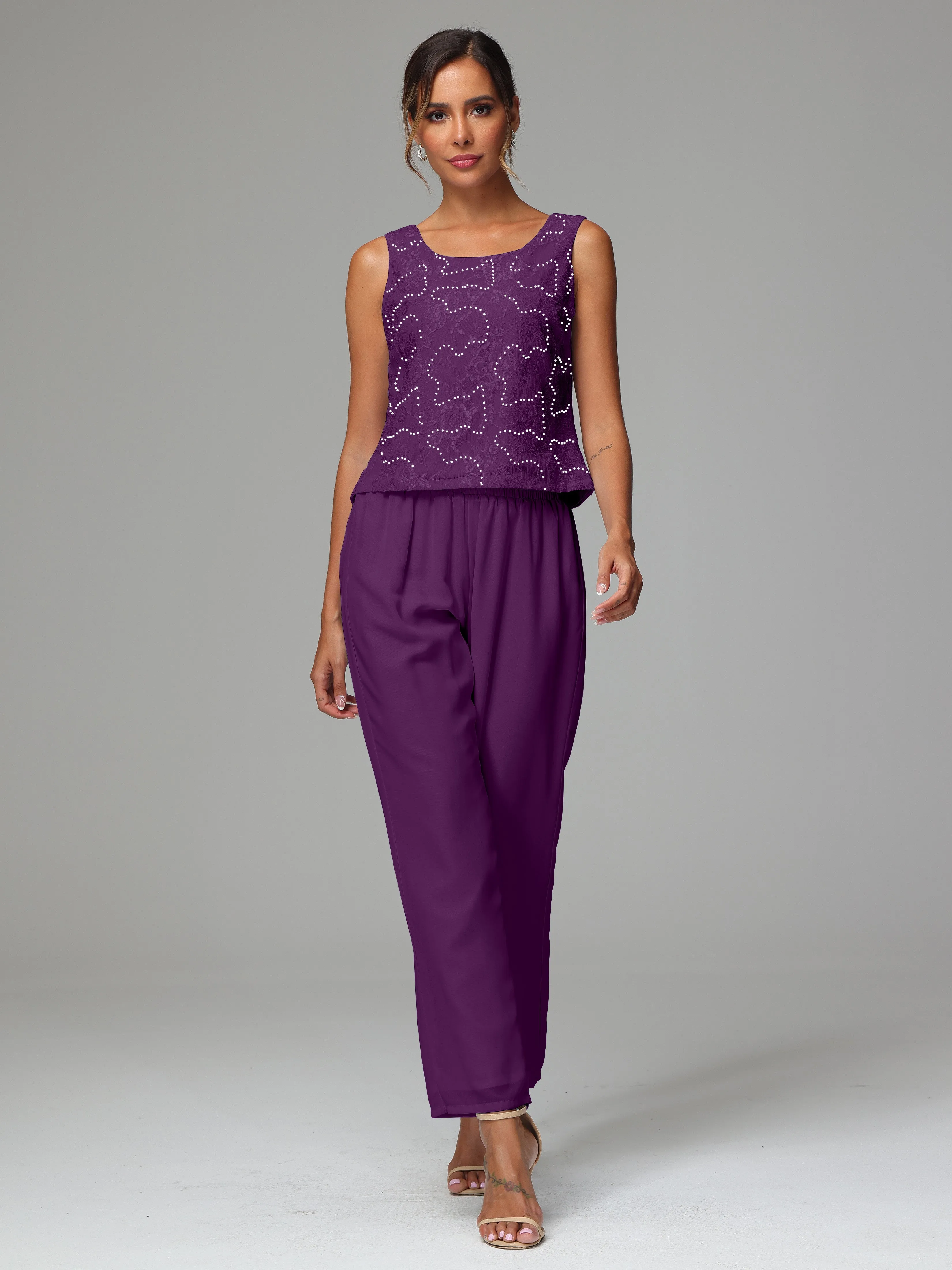 Chic Chiffon Lace 3 Pieces Long Sleeves Mother Of The Bride Dress Pants Suits