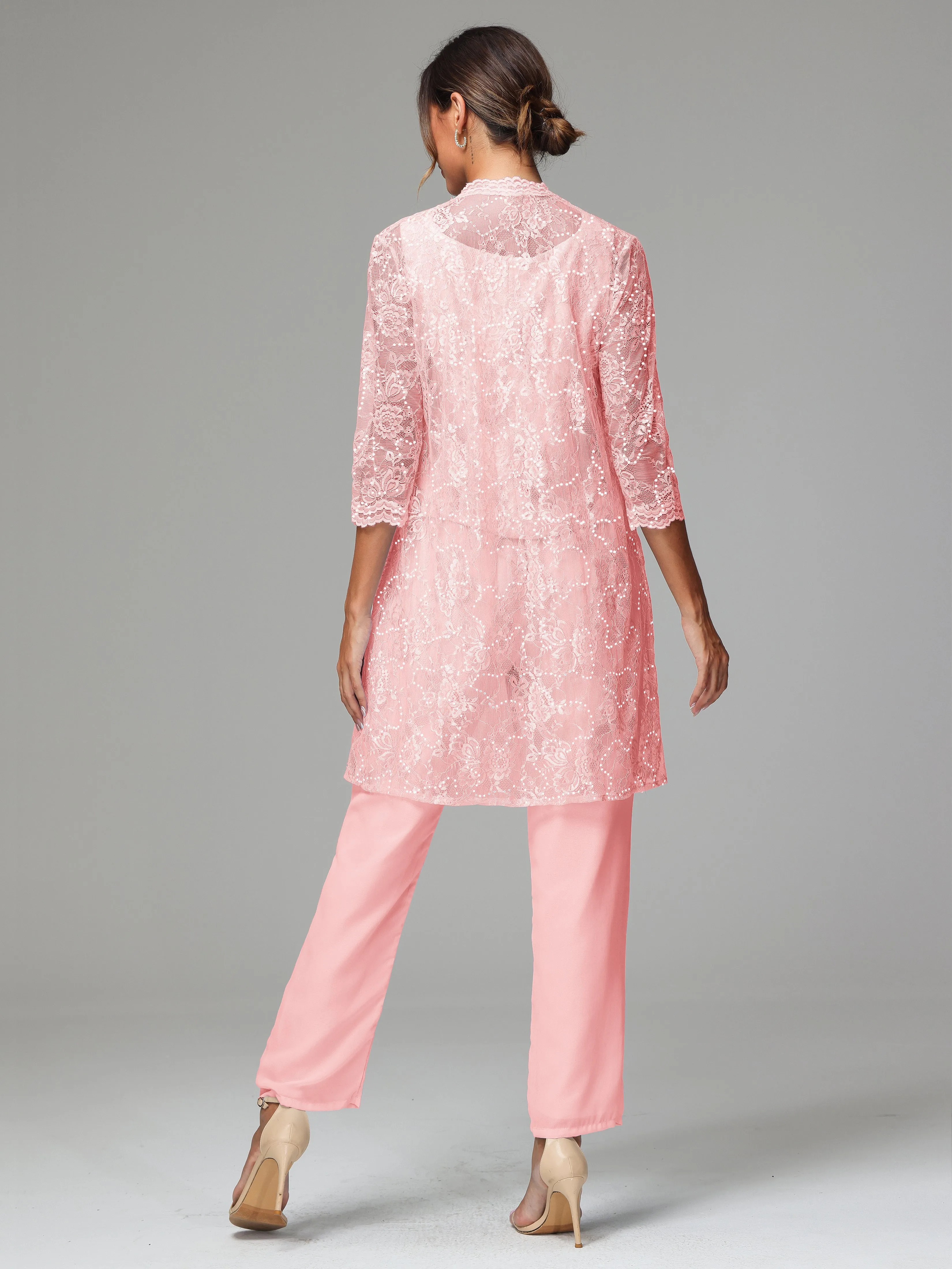 Chic Chiffon Lace 3 Pieces Long Sleeves Mother Of The Bride Dress Pants Suits