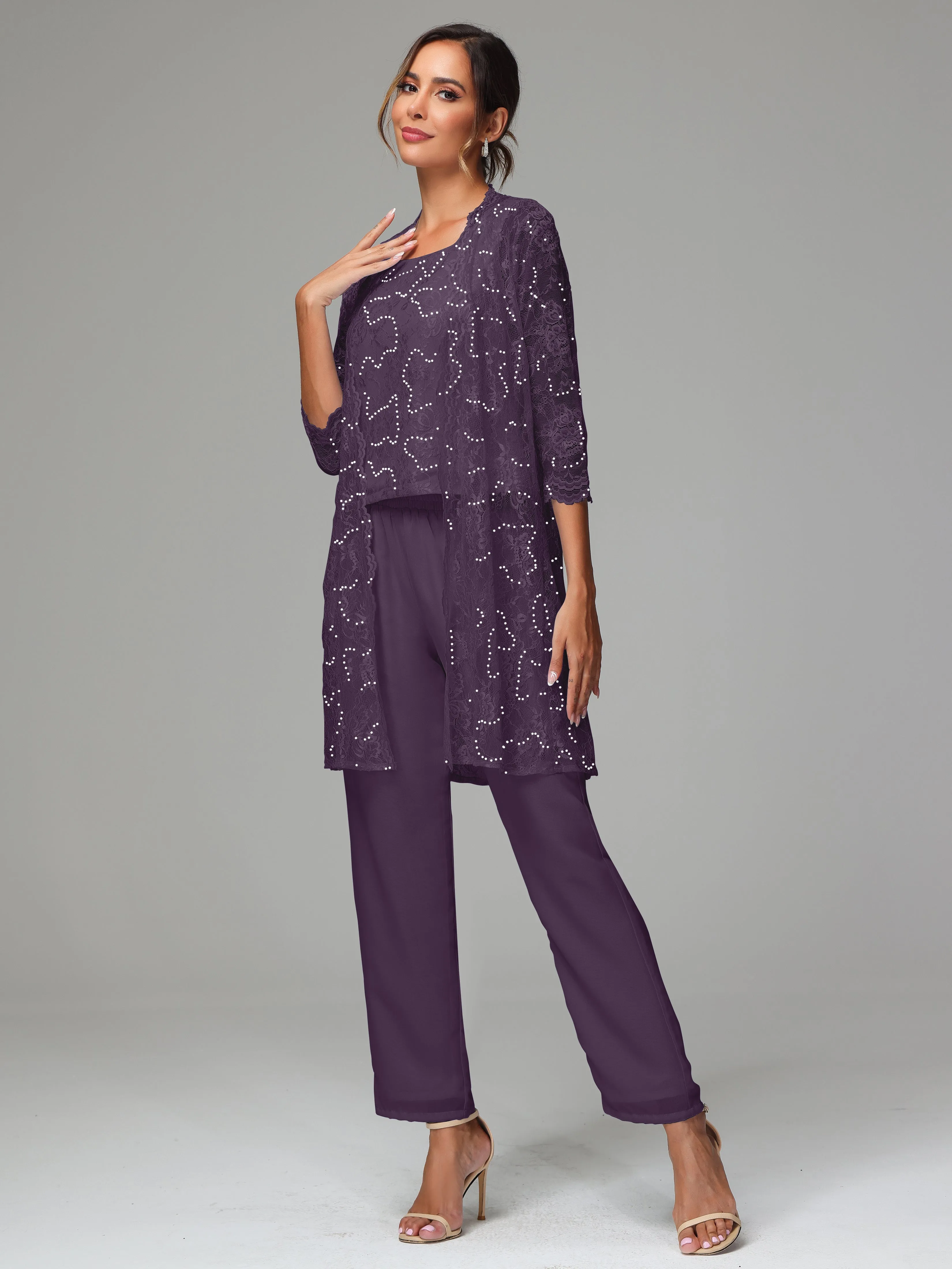 Chic Chiffon Lace 3 Pieces Long Sleeves Mother Of The Bride Dress Pants Suits