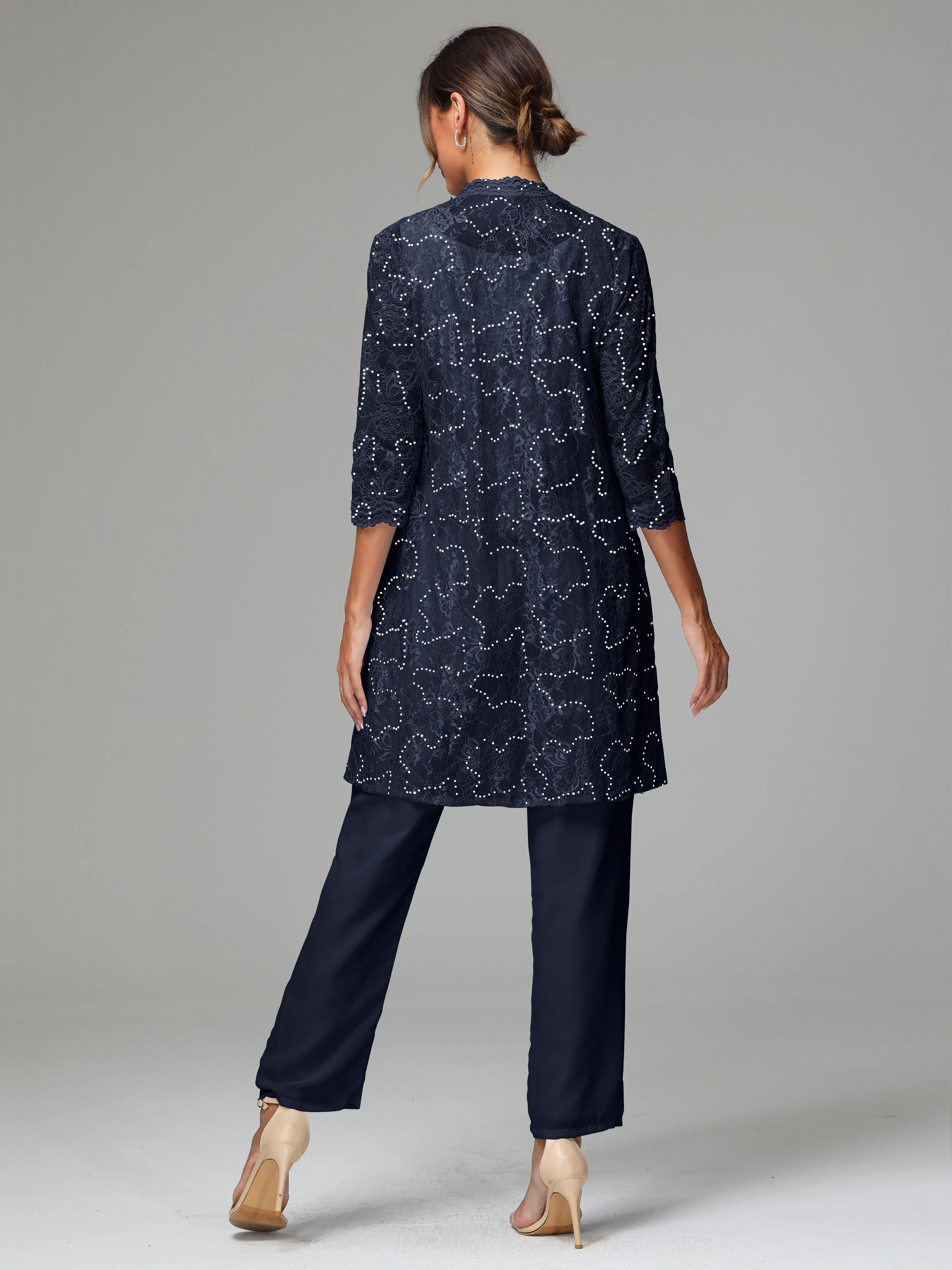 Chic Chiffon Lace 3 Pieces Long Sleeves Mother Of The Bride Dress Pants Suits