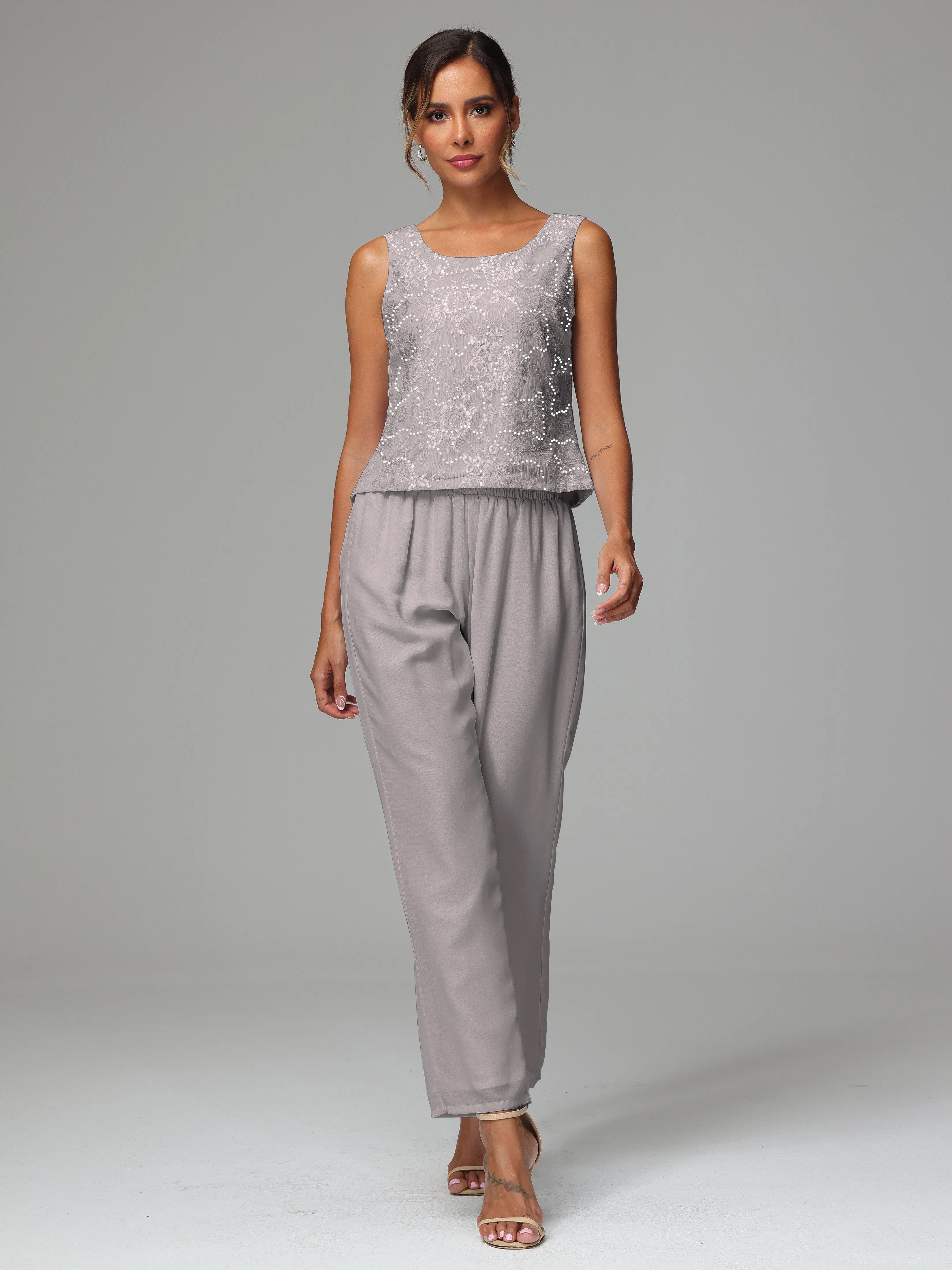 Chic Chiffon Lace 3 Pieces Long Sleeves Mother Of The Bride Dress Pants Suits