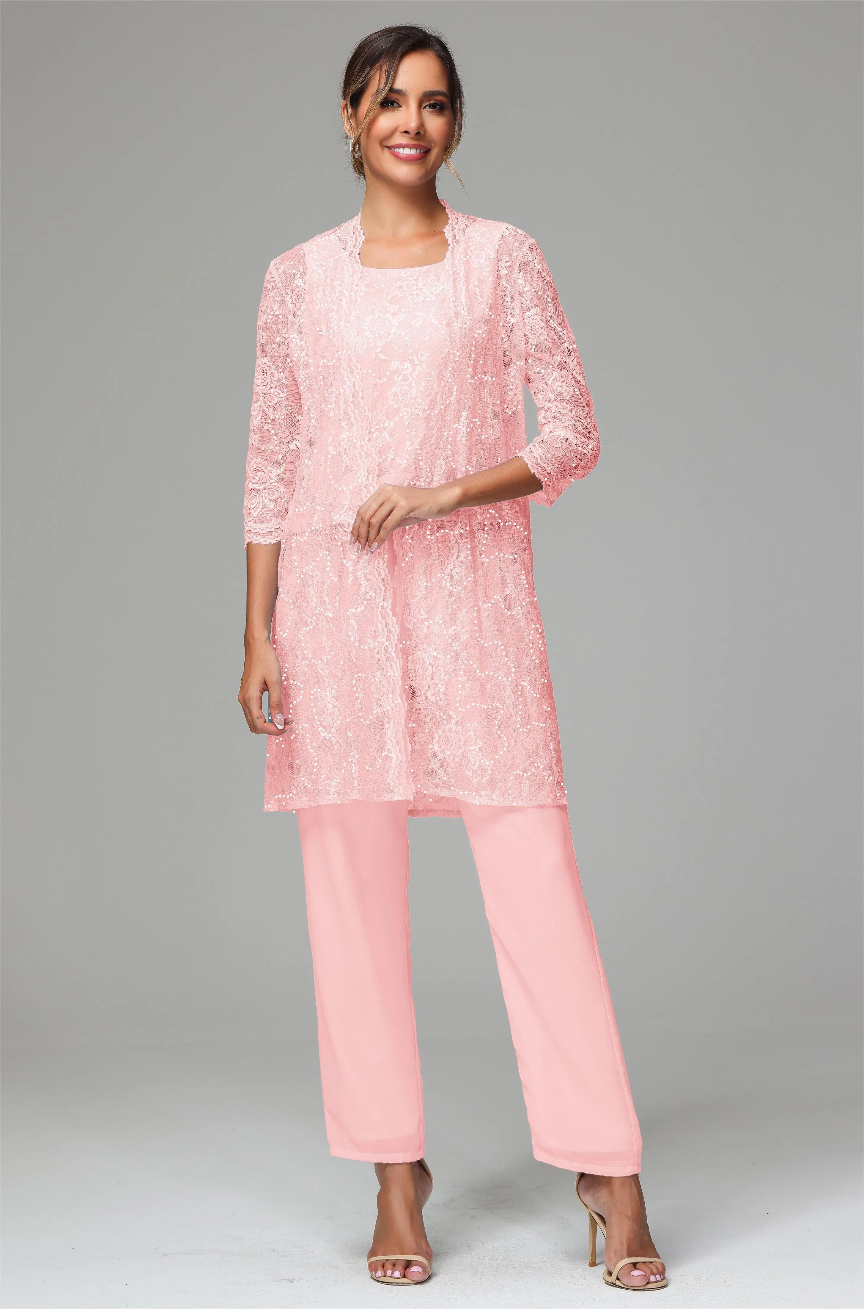 Chic Chiffon Lace 3 Pieces Long Sleeves Mother Of The Bride Dress Pants Suits