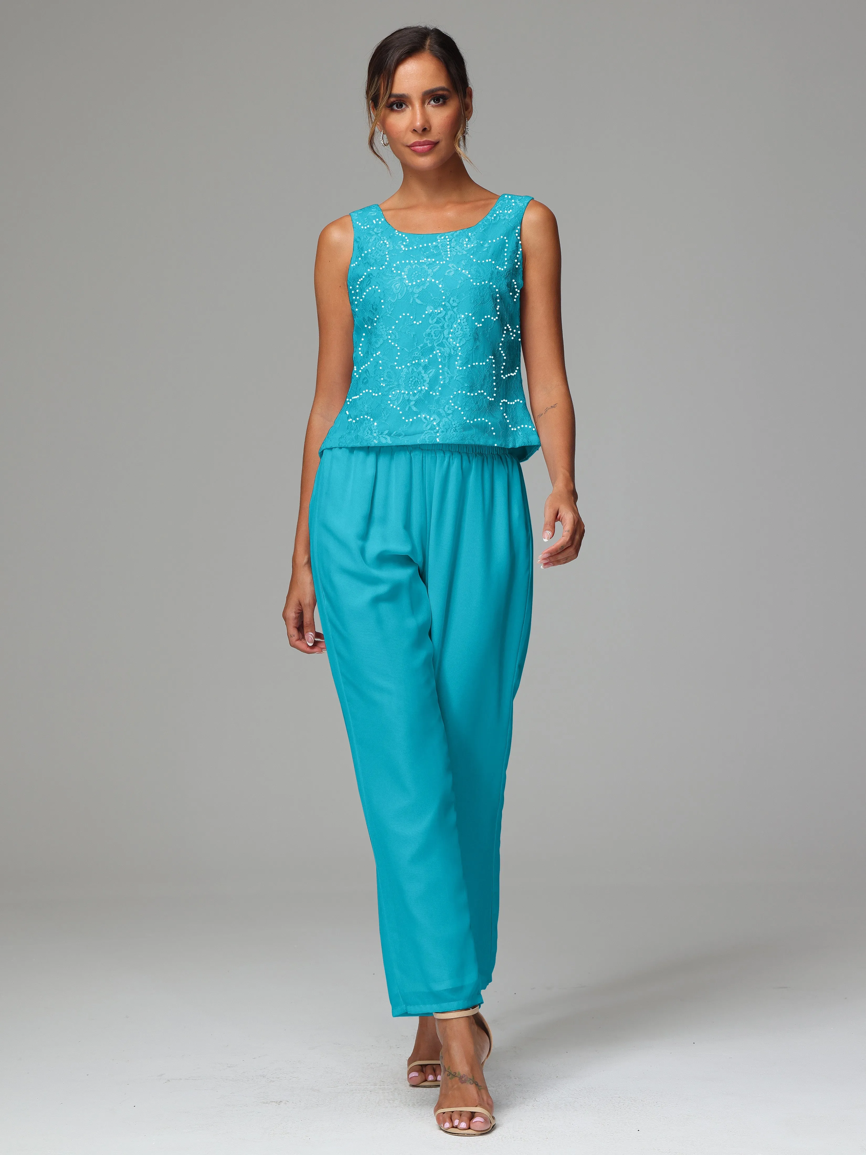 Chic Chiffon Lace 3 Pieces Long Sleeves Mother Of The Bride Dress Pants Suits
