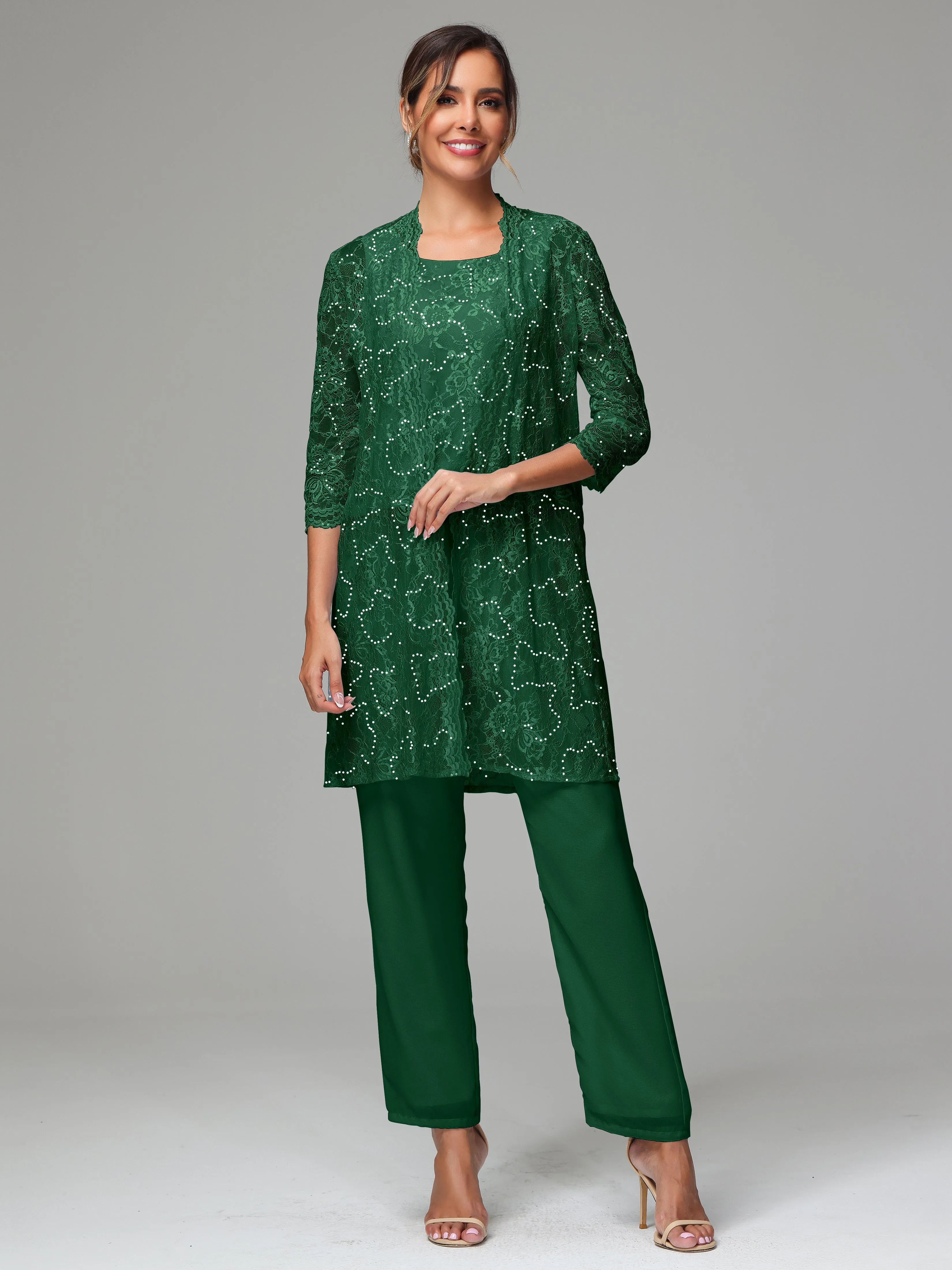 Chic Chiffon Lace 3 Pieces Long Sleeves Mother Of The Bride Dress Pants Suits