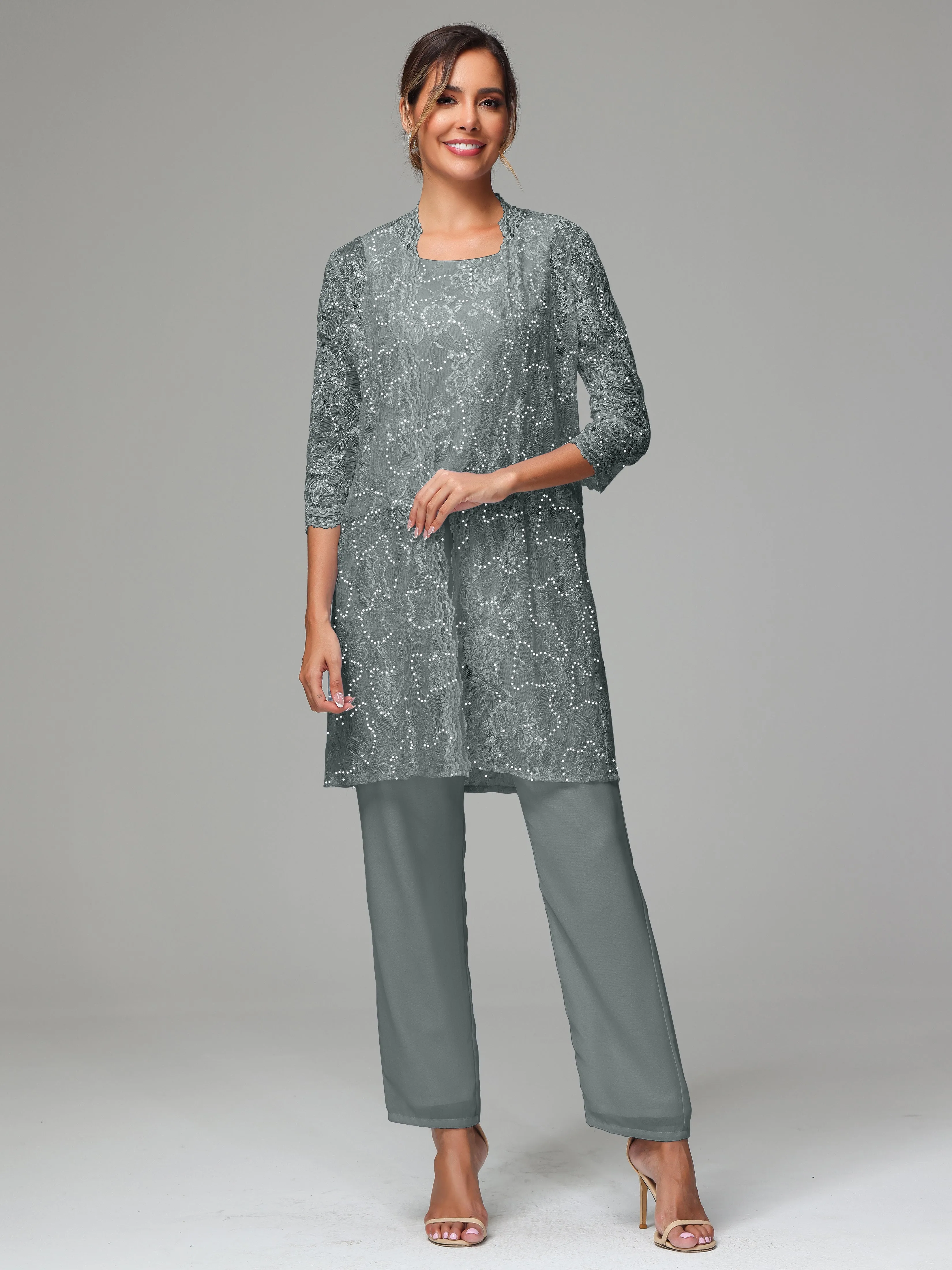 Chic Chiffon Lace 3 Pieces Long Sleeves Mother Of The Bride Dress Pants Suits